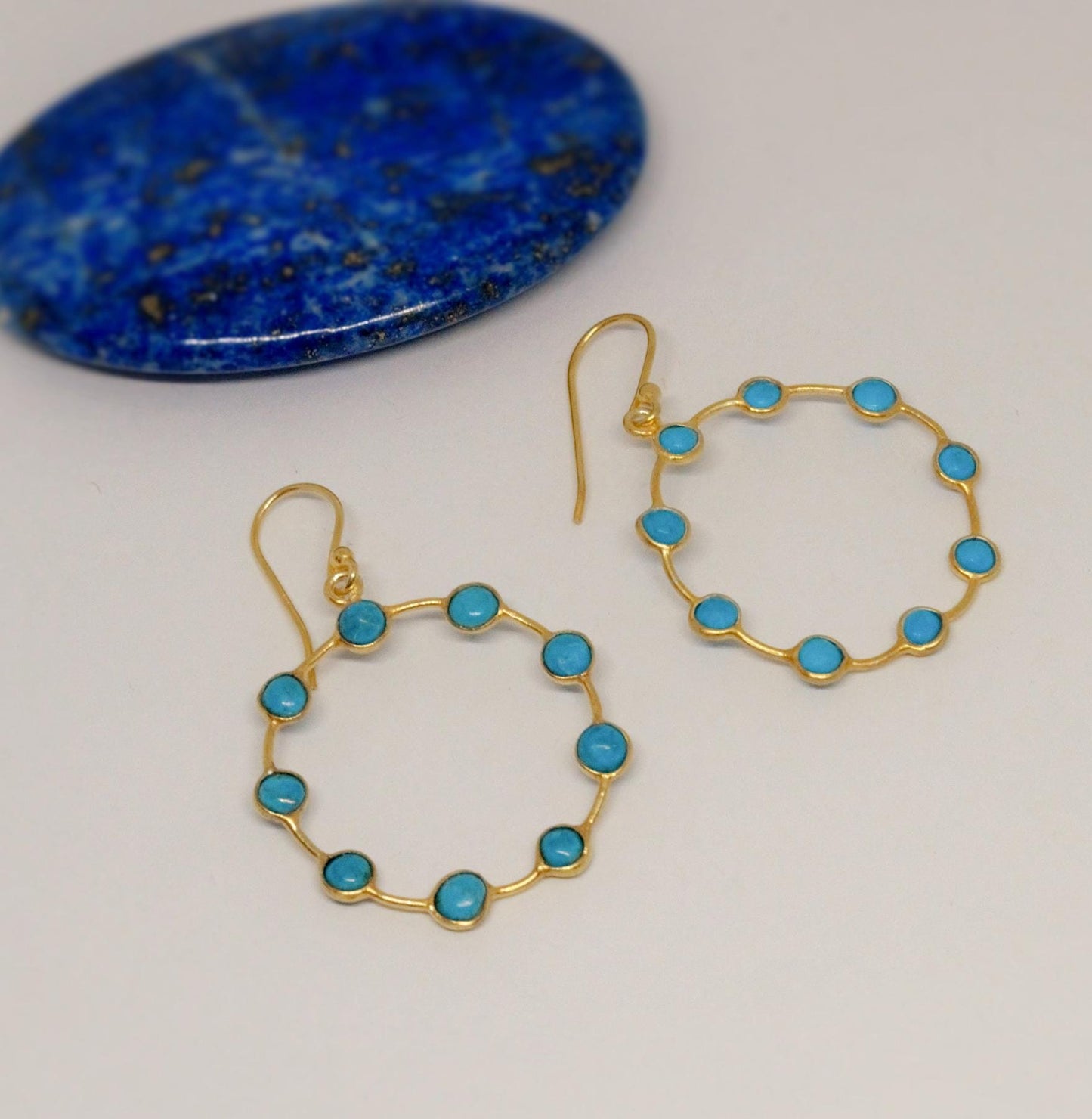 Blue Turquoise Gold Hoop Earrings, Turquoise Jewelry, December Birthstone Jewelry, Unique Gemstone Earring, Gold Plated Silver, Gift For Her
