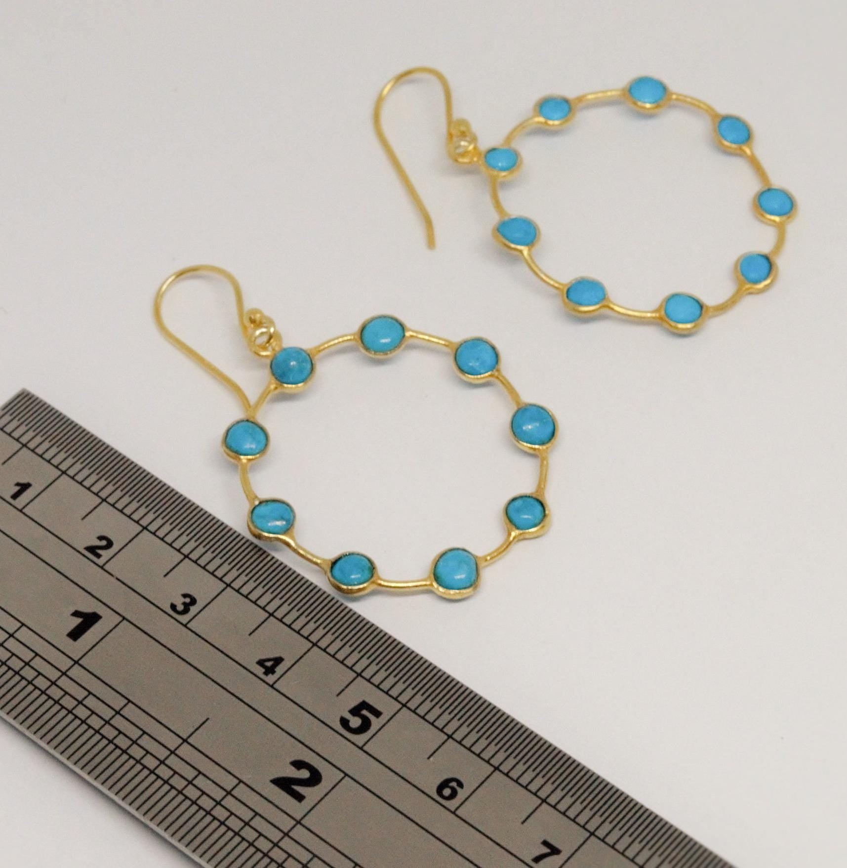 Blue Turquoise Gold Hoop Earrings, Turquoise Jewelry, December Birthstone Jewelry, Unique Gemstone Earring, Gold Plated Silver, Gift For Her