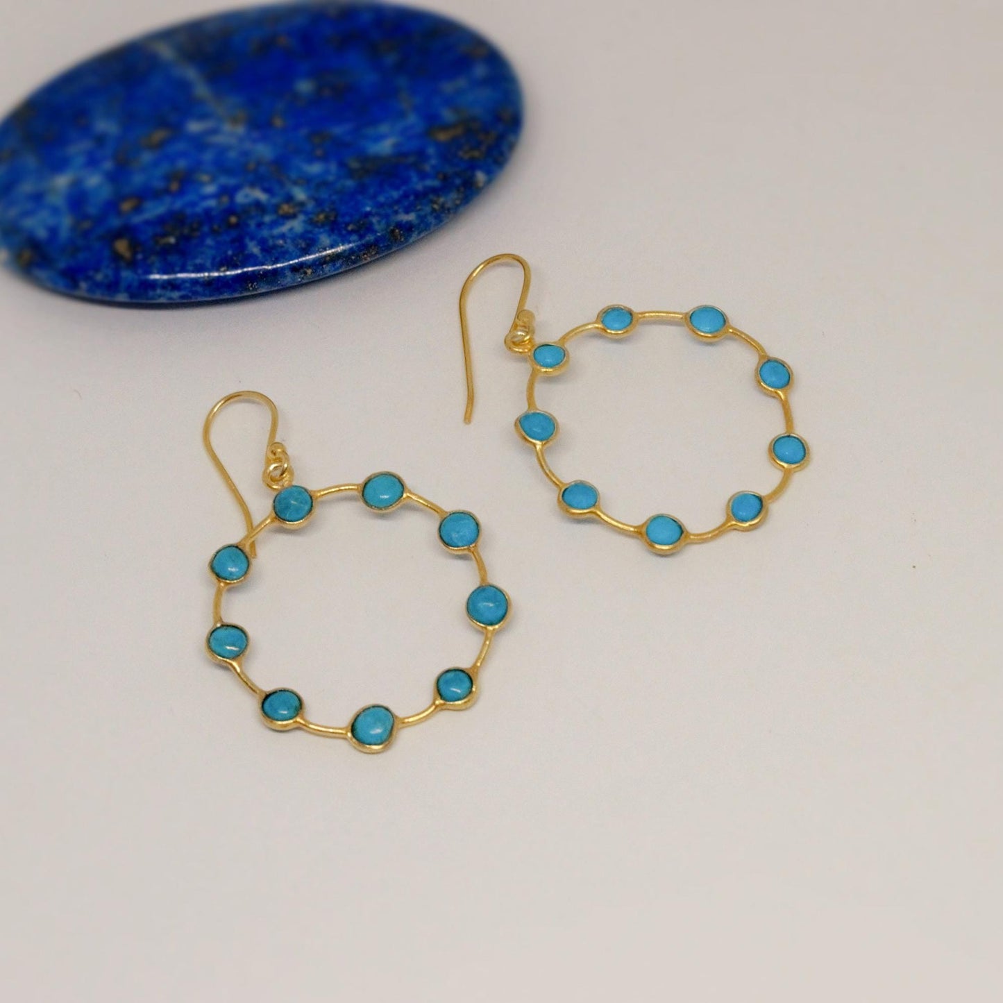 Blue Turquoise Gold Hoop Earrings, Turquoise Jewelry, December Birthstone Jewelry, Unique Gemstone Earring, Gold Plated Silver, Gift For Her
