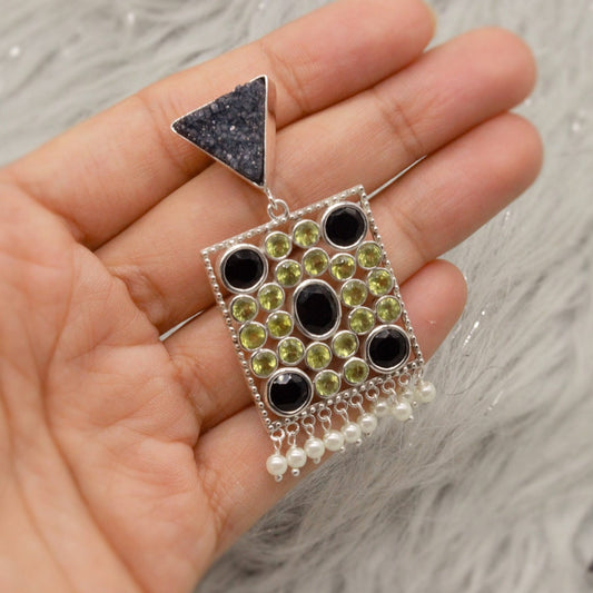 Black Agate, Onyx, Peridot Silver Earrings, August Birthstone, Indian Jewelry, Druzy Agate, Ethnic Indian Jhumka Earrings, Gemstone Dangle