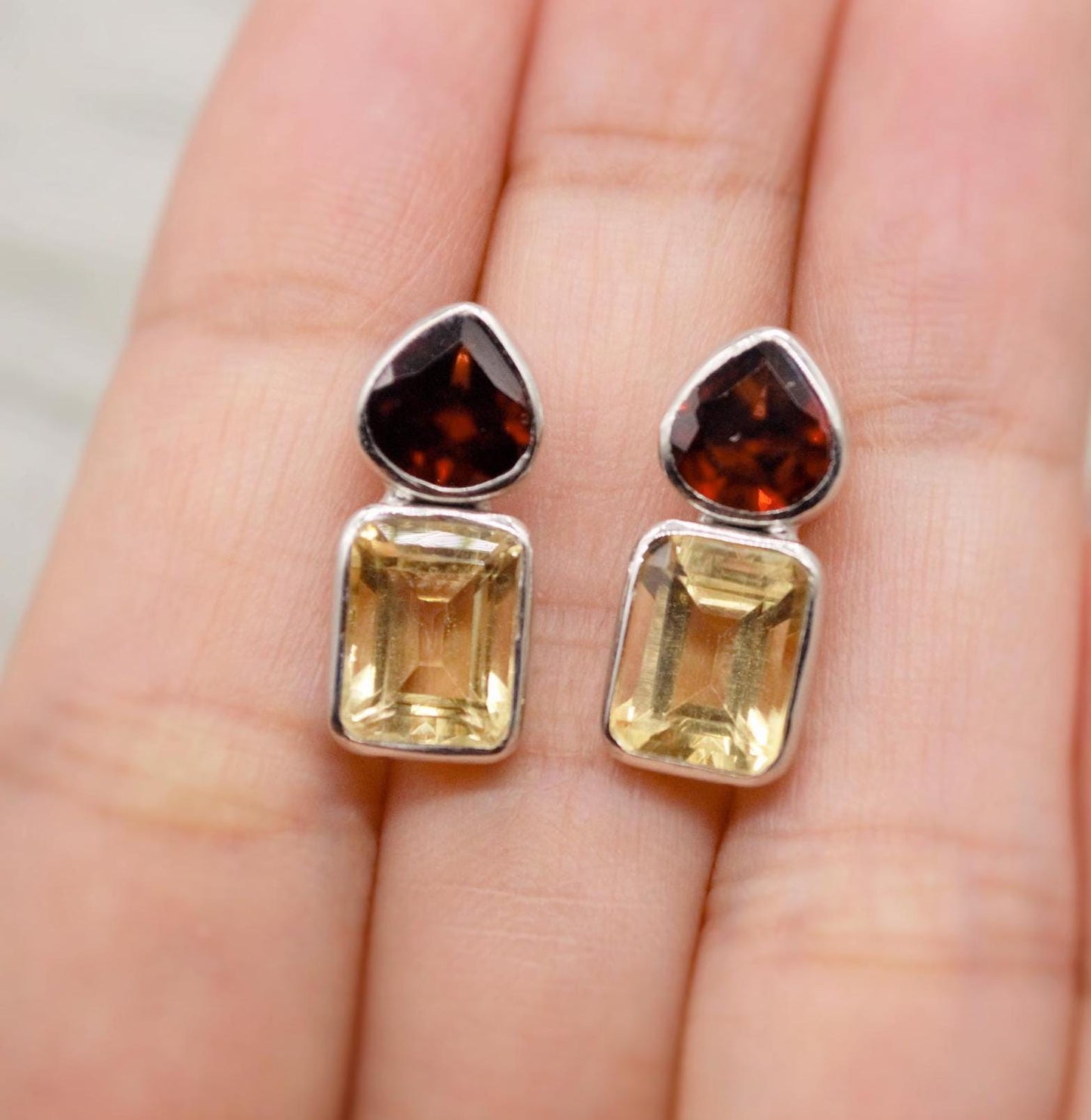 Garnet Citrine Silver Stud Earrings, Unique 925 Sterling Silver Earrings, January, November Birthstone, Birthday Gifts For Her, Valentine