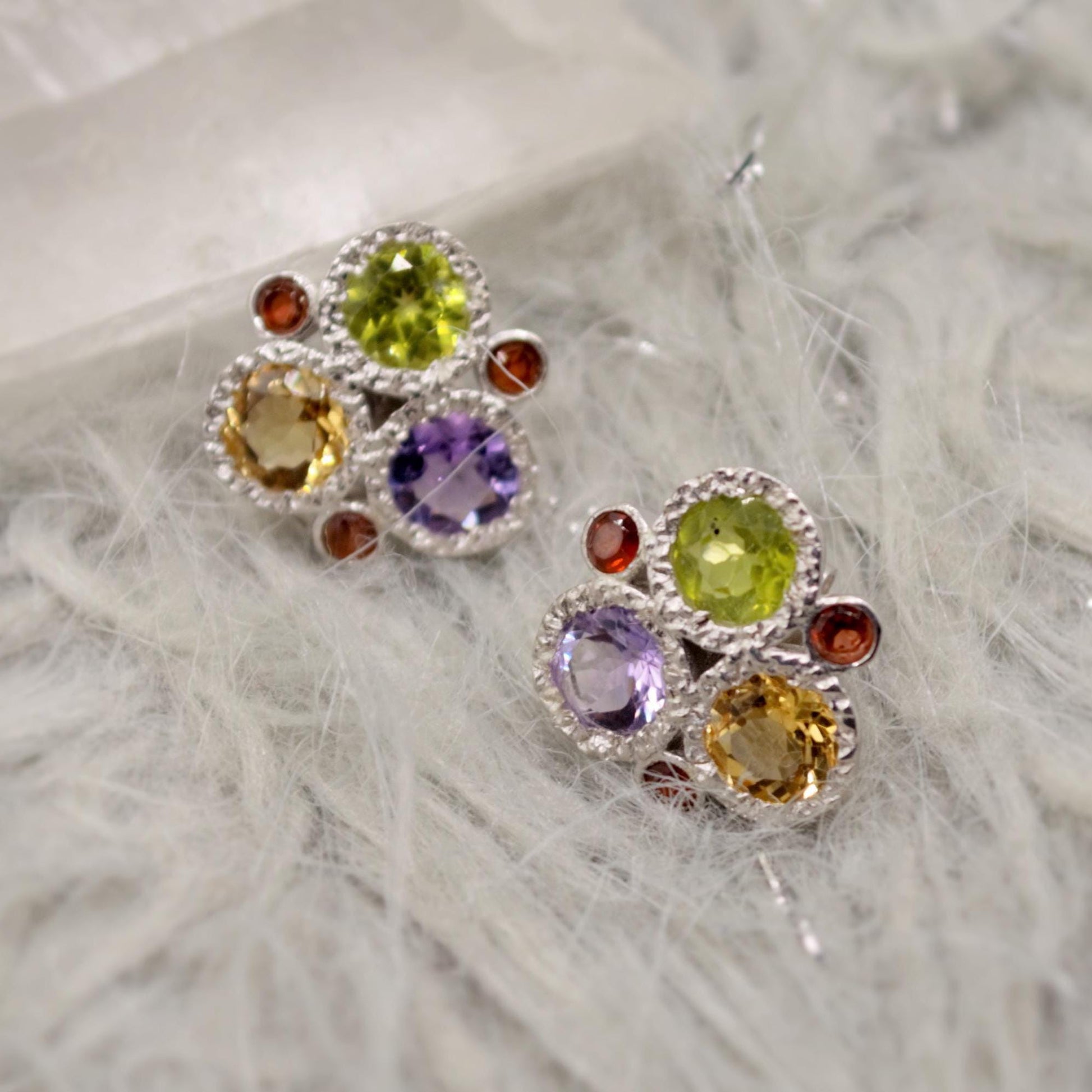 Citrine, Peridot, Amethyst, Garnet Silver Stud Earrings