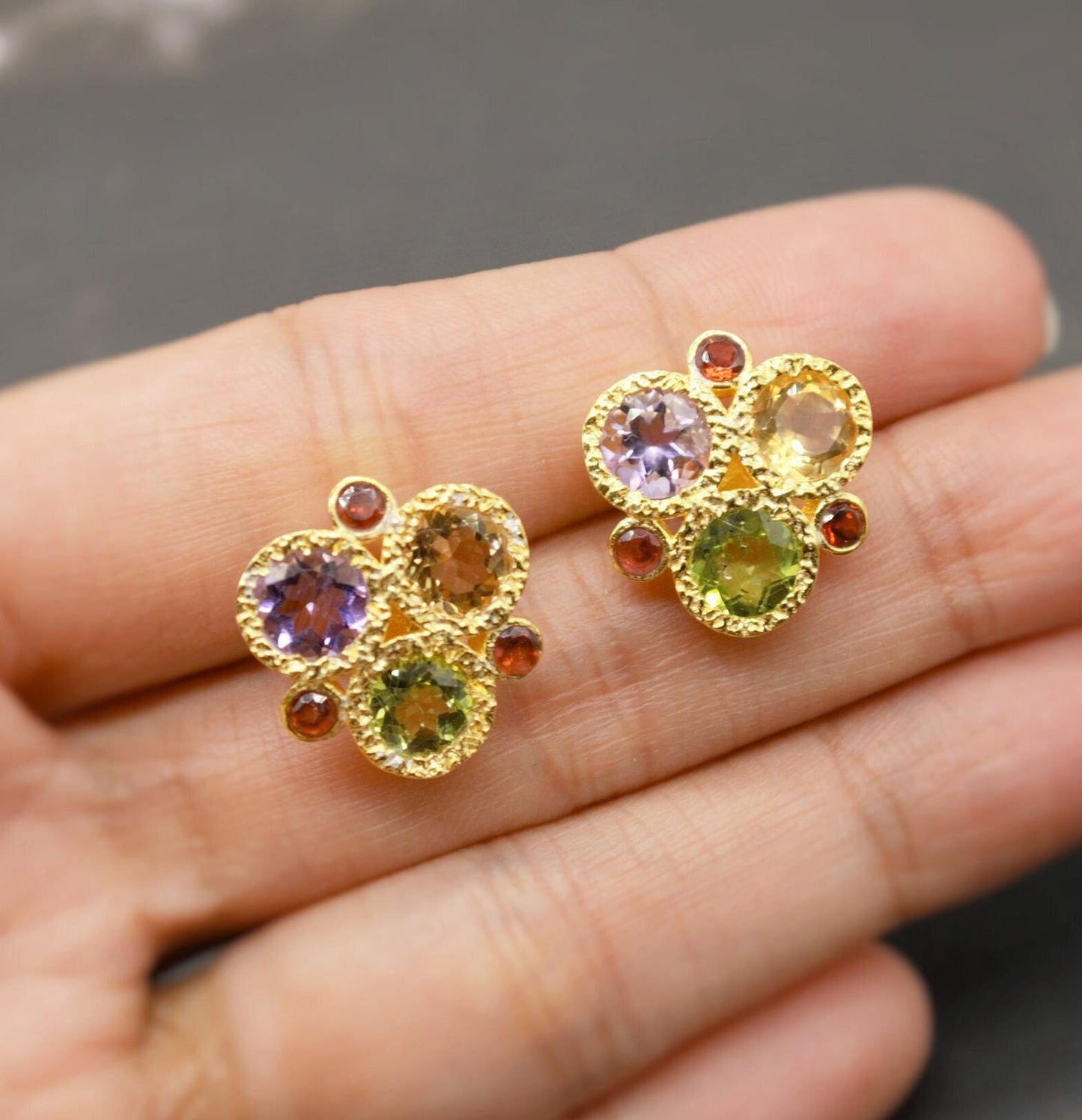 Citrine, Peridot, Amethyst, Garnet Silver Stud Earrings