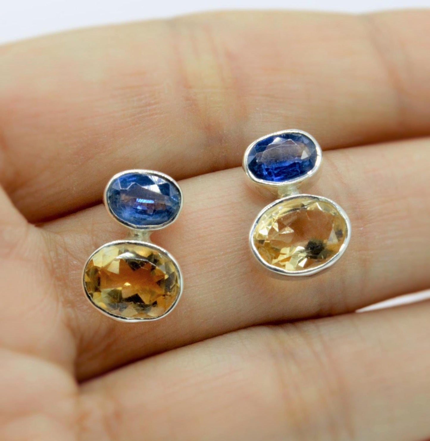 Kyanite and Citrine Earrings, Silver Stud Earrings, Kyanite Jewelry, Citrine Jewelry, Unique Statement Earrings, Birthday Gift For Her