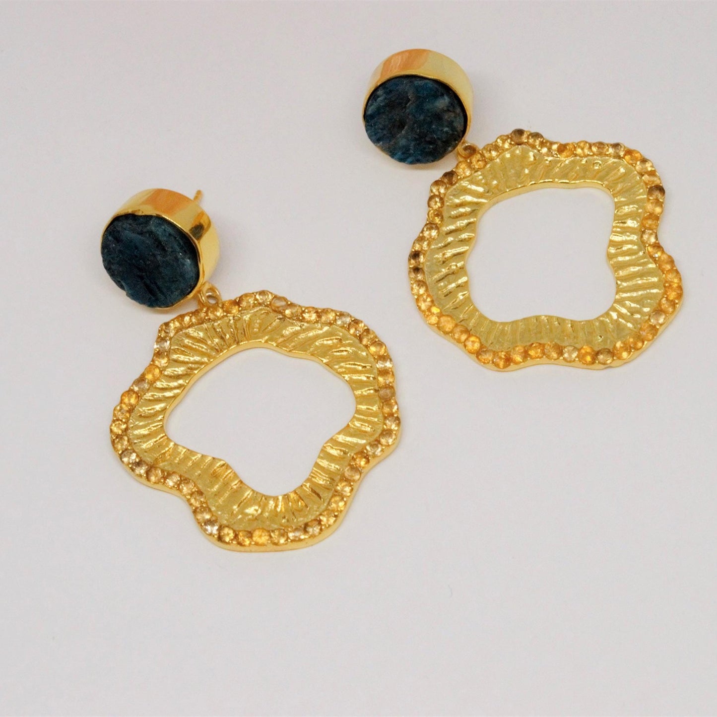 Blue Apatite, Citrine Gold Earrings, Unique November Birthstone, Handmade Statement Earrings, Bridesmaid Gift for her, Indian Jewelry