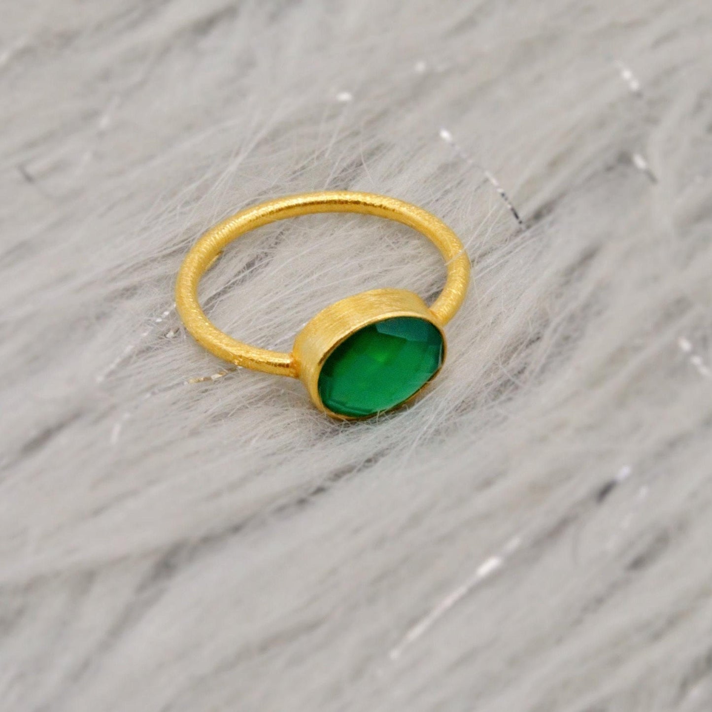 Green Onyx Gold Ring, Dainty Raw Gem Ring, Gold Plated Sterling Silver, Statement Gemstone, Stacking Rings For Women, Green Stone Ring