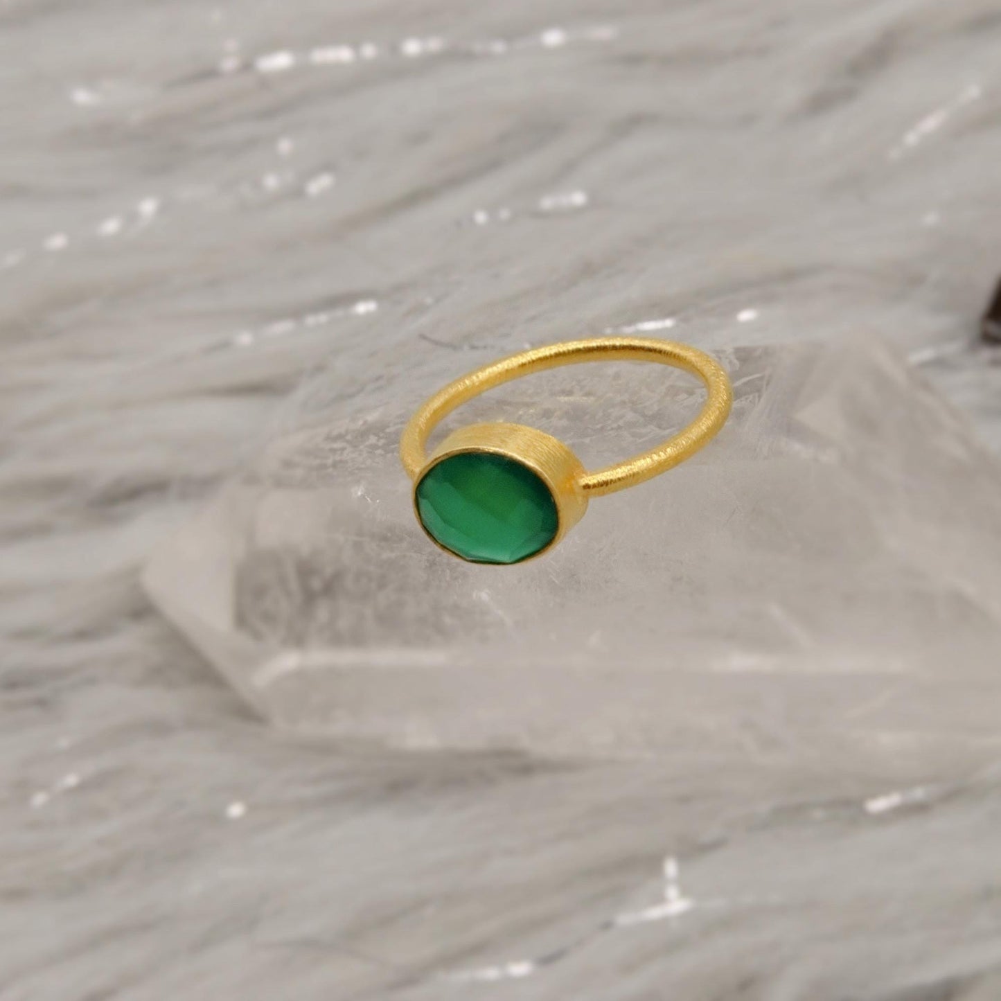 Green Onyx Gold Ring, Dainty Raw Gem Ring, Gold Plated Sterling Silver, Statement Gemstone, Stacking Rings For Women, Green Stone Ring