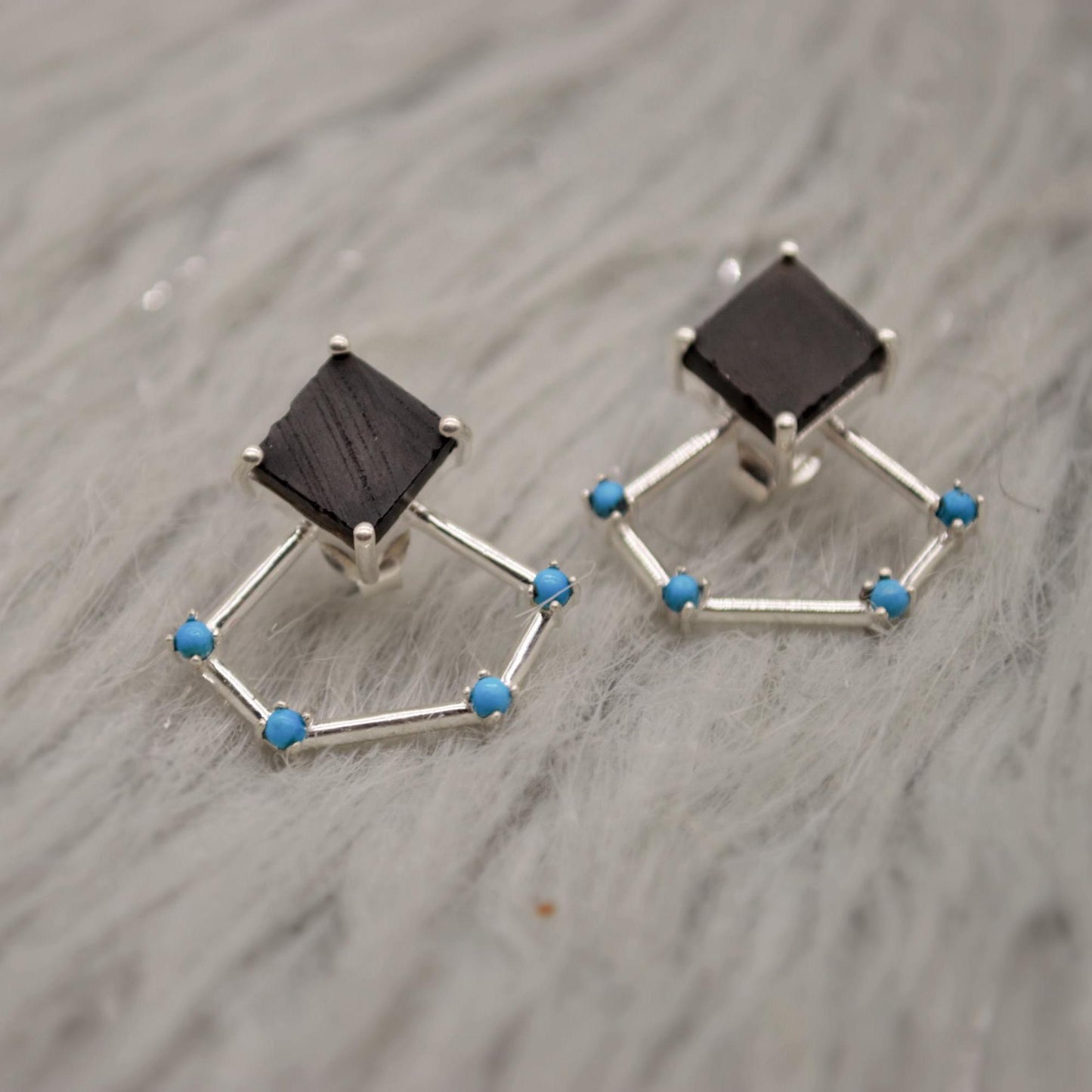 Raw Black Onyx Earrings, Turquoise Sterling Silver Earrings, Statement Unique Drop Earrings, December Birthstone Earrings