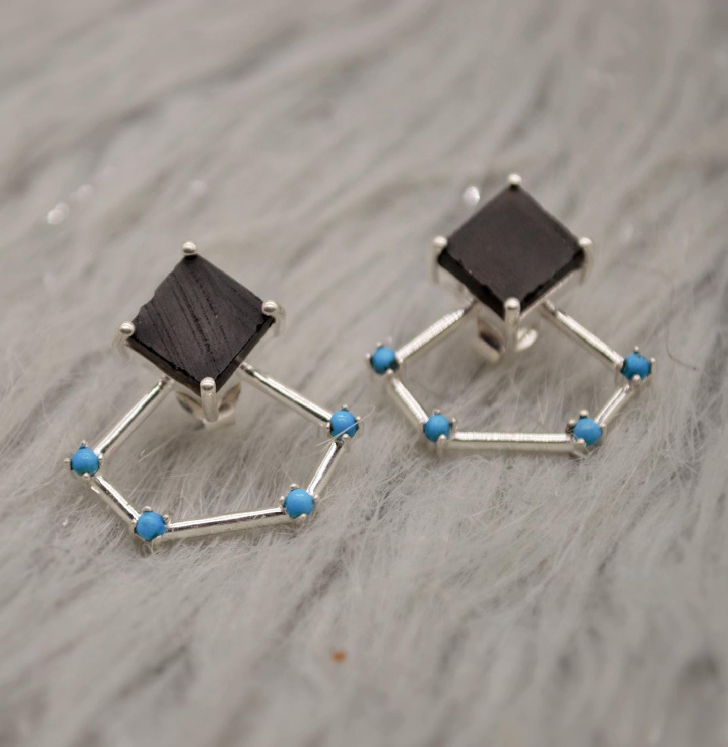 Raw Black Onyx Earrings, Turquoise Sterling Silver Earrings, Statement Unique Drop Earrings, December Birthstone Earrings