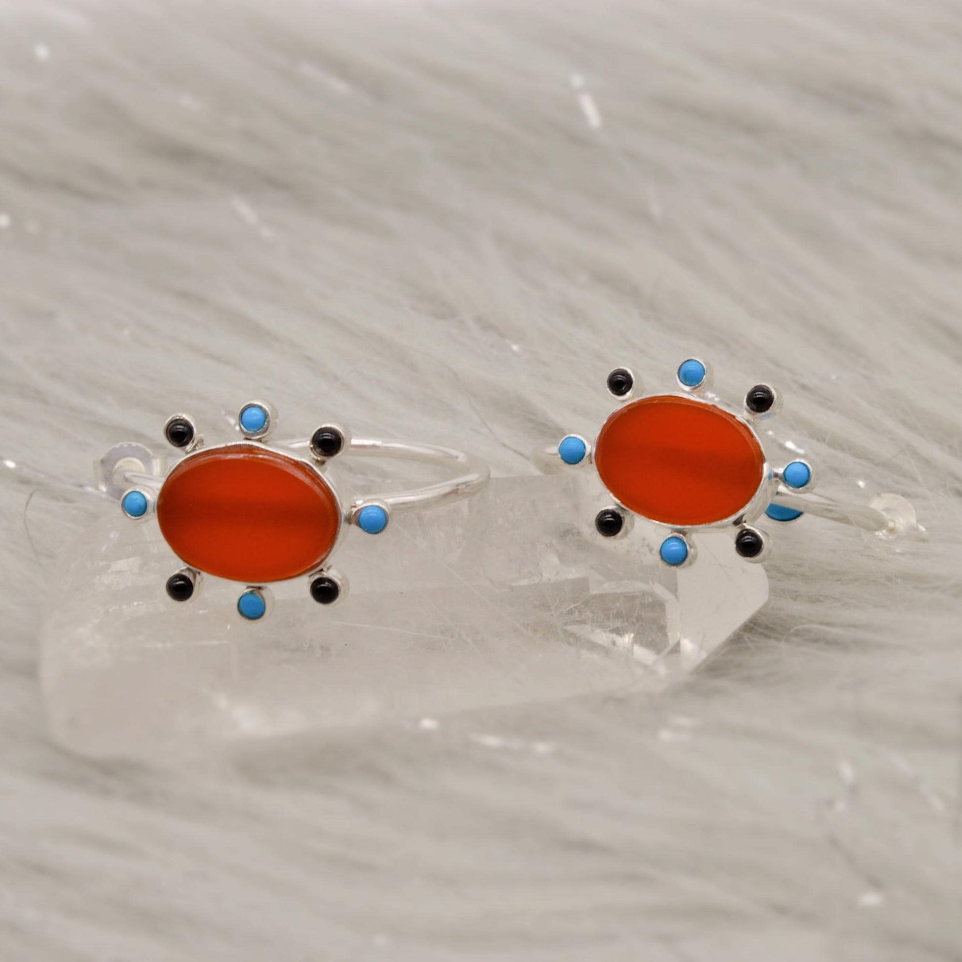 Black Onyx, Turquoise, Carnelian Earrings, Sterling Silver, Turquoise Birthstone Jewelry, Unique Gemstone Earrings, Gift for her