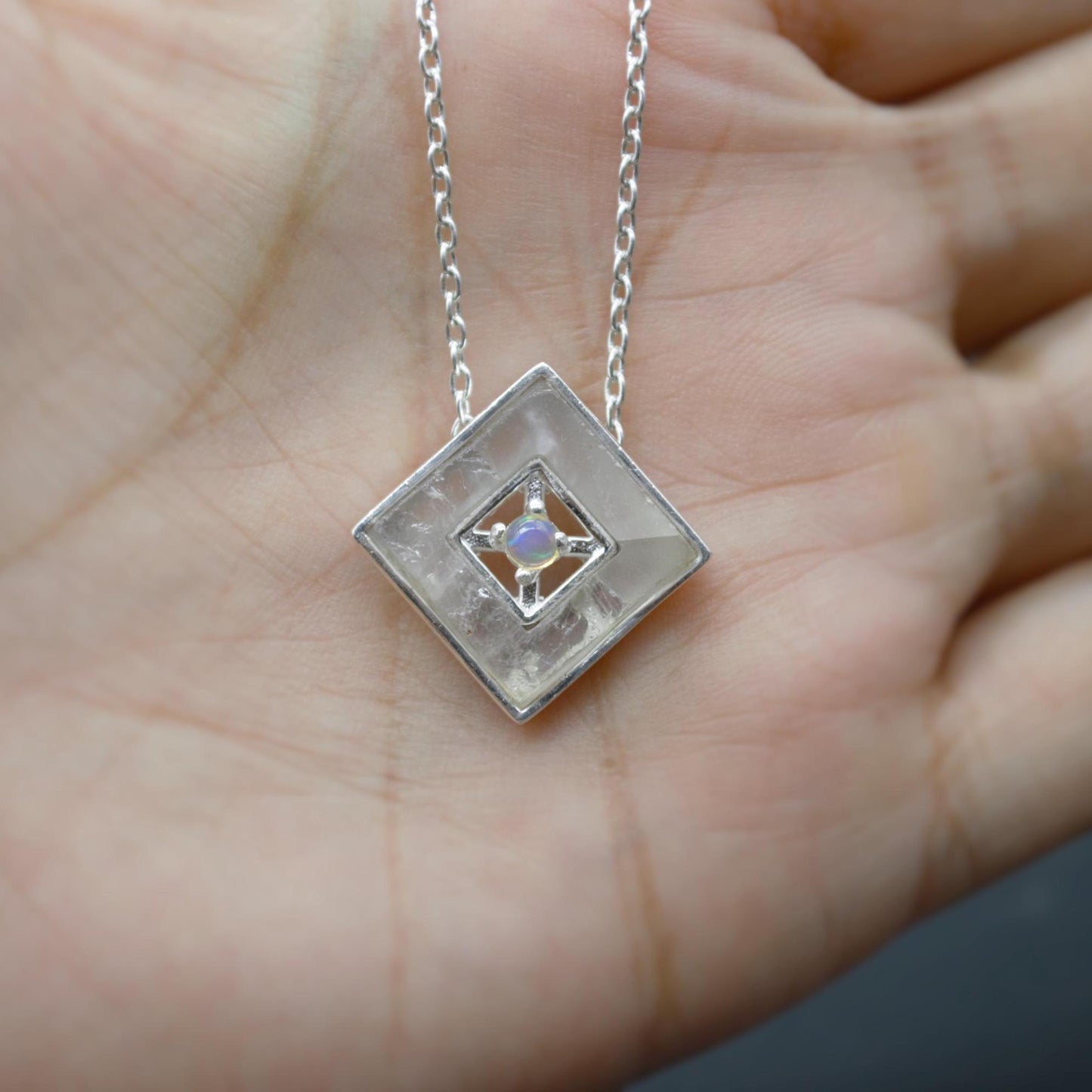 Opal Pendant Necklace With Amethyst Or Rose Quartz, Sterling Silver Chain Necklace, January, February Birthstone, Gemstone Necklace Gift