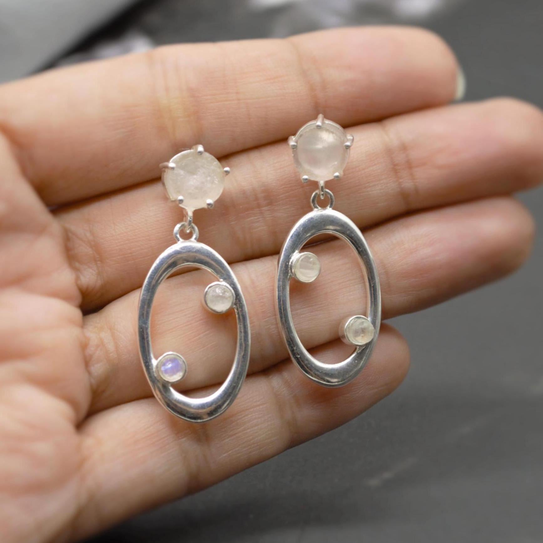 Rose Quartz, Moonstone Silver Earrings, January Birthstone, June Birthstone, Minimalist Pink Earrings, Sterling Silver Drop Earrings