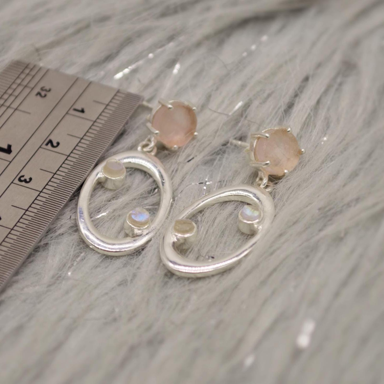 Rose Quartz, Moonstone Silver Earrings, January Birthstone, June Birthstone, Minimalist Pink Earrings, Sterling Silver Drop Earrings