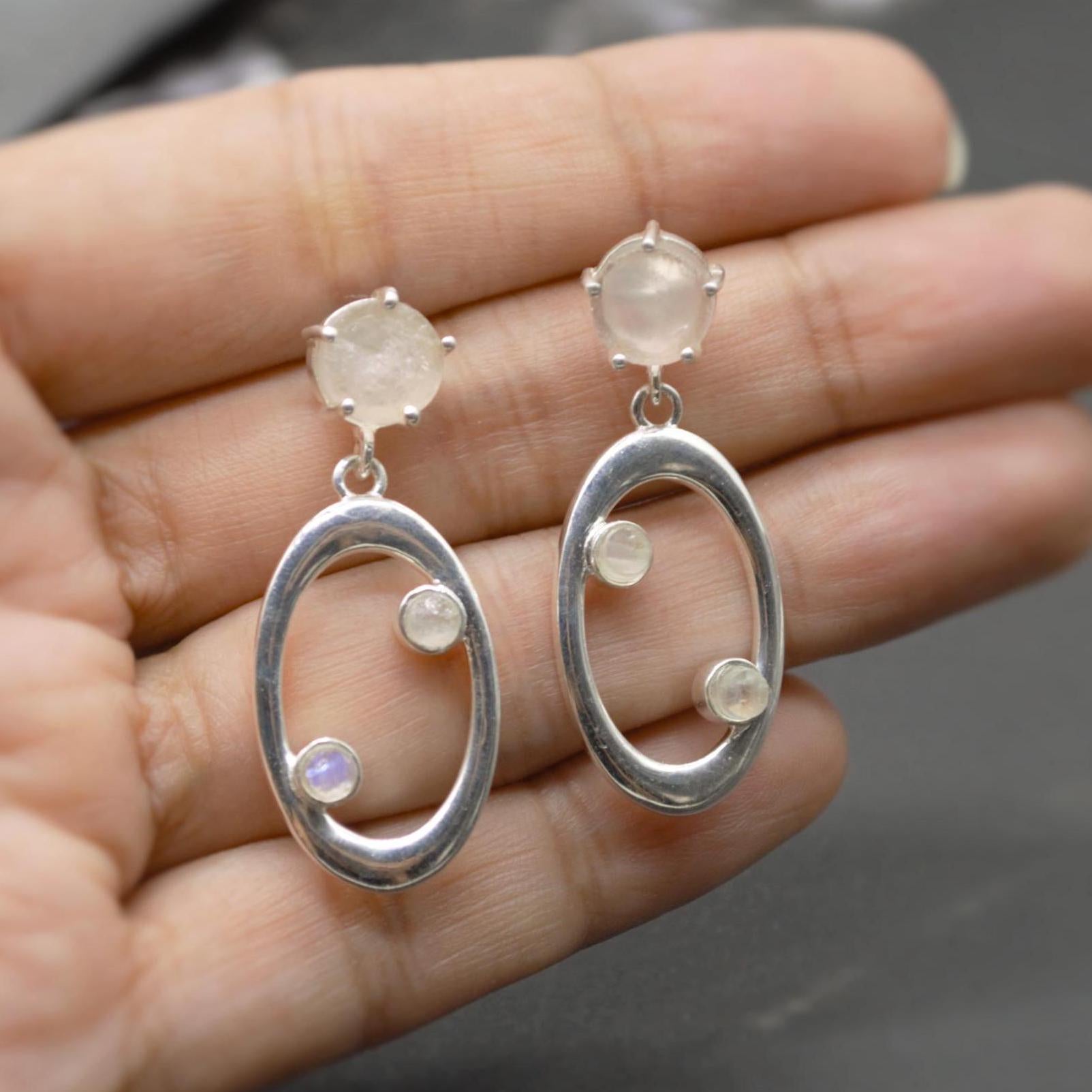 Rose Quartz, Moonstone Silver Earrings, January Birthstone, June Birthstone, Minimalist Pink Earrings, Sterling Silver Drop Earrings