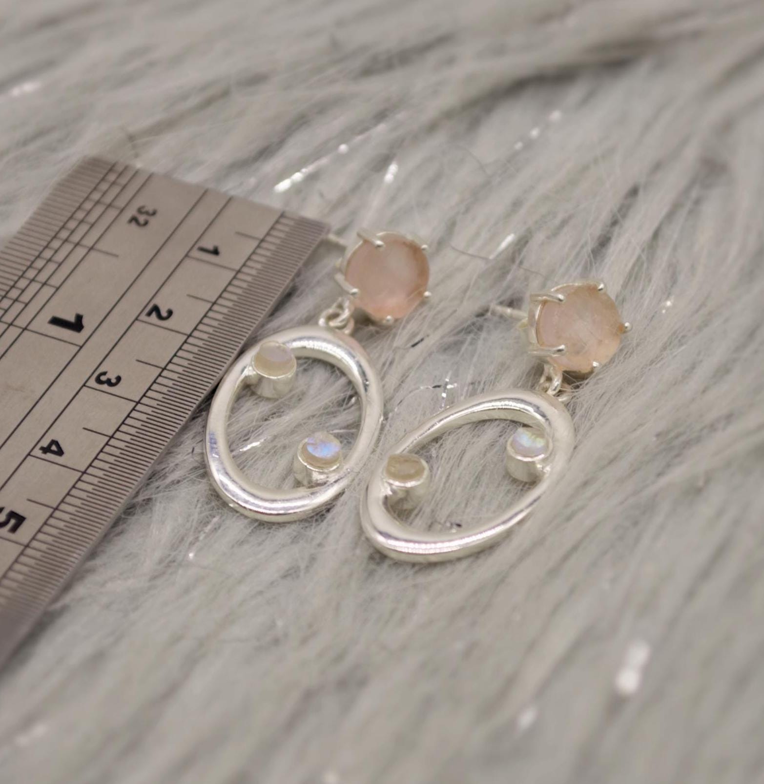 Rose Quartz, Moonstone Silver Earrings, January Birthstone, June Birthstone, Minimalist Pink Earrings, Sterling Silver Drop Earrings