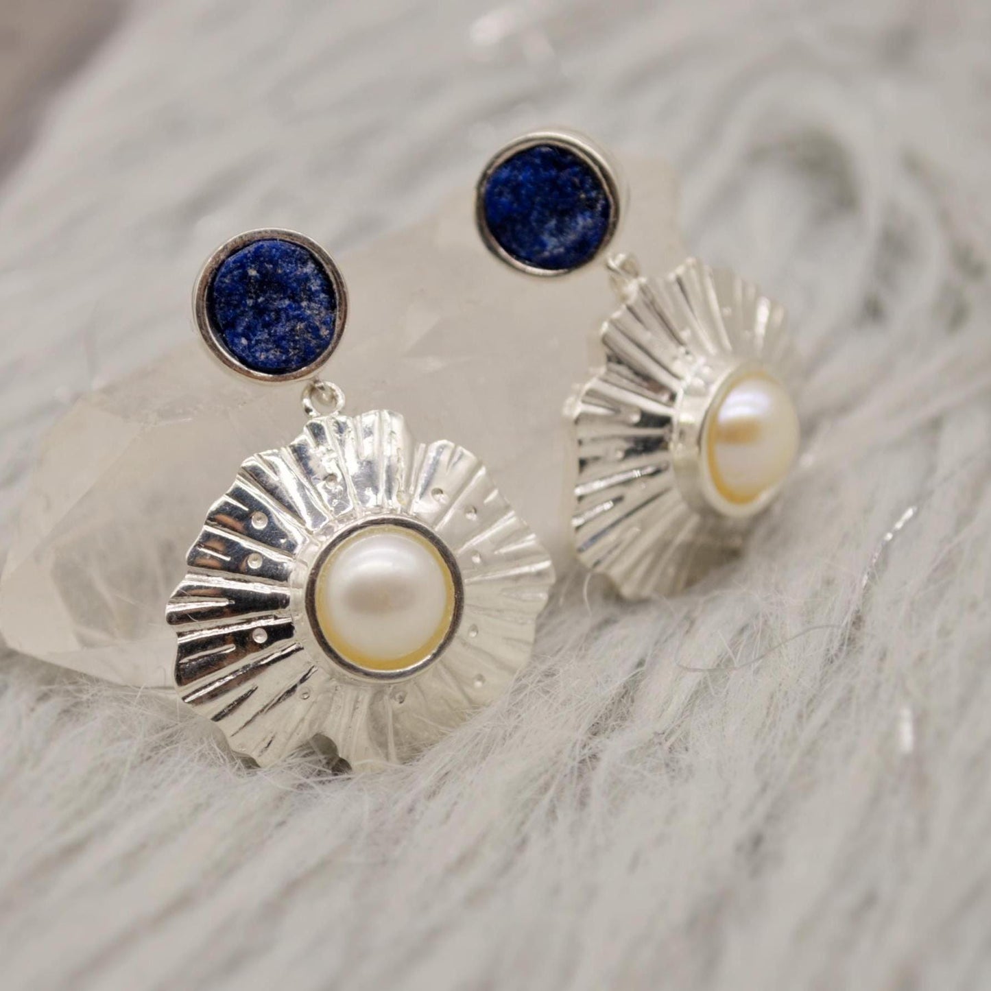 Raw Lapis Lazuli Sterling Silver Earrings, Pearl Earrings, December and June Birthstone, Dainty Handmade Unique Gemstone Drop Earrings