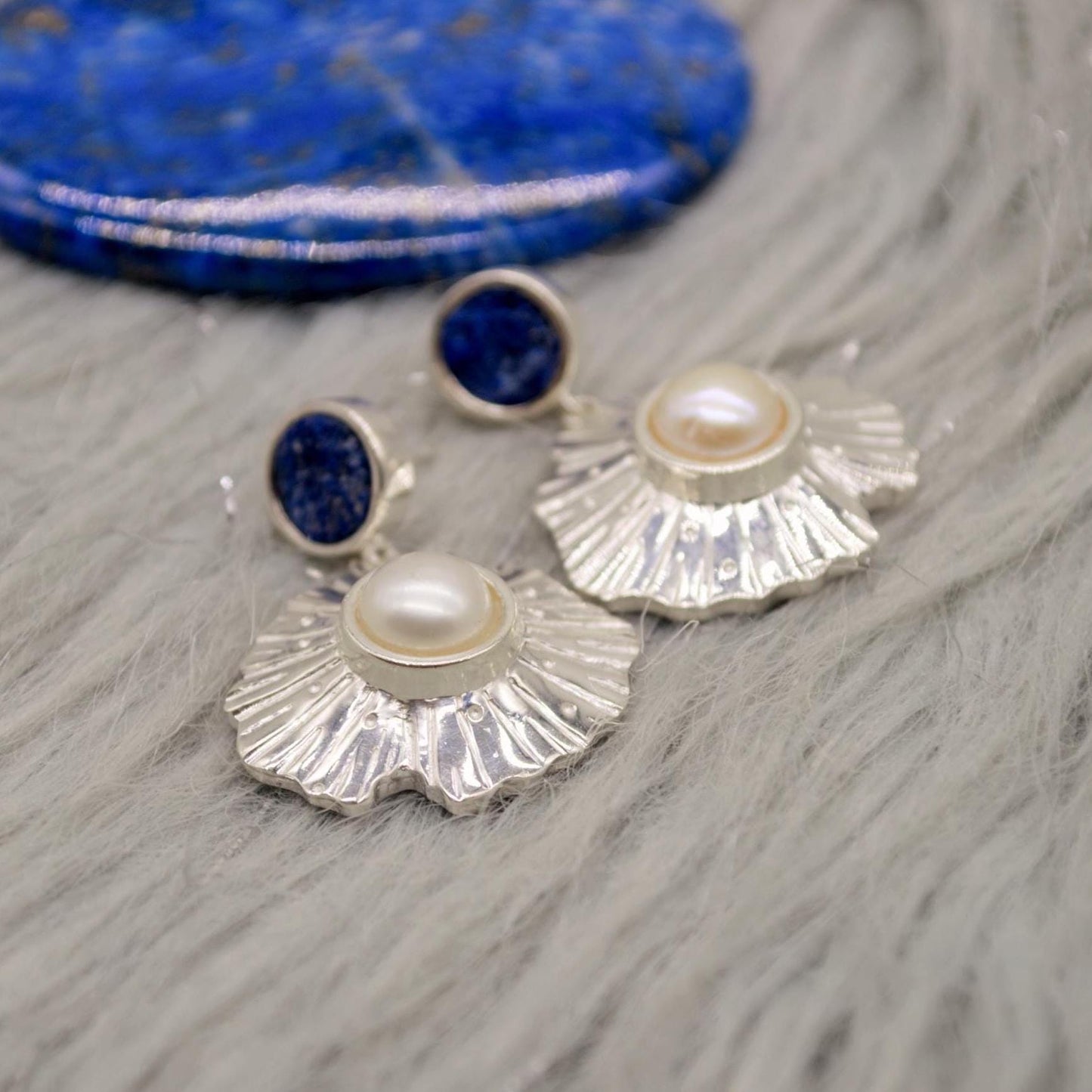 Raw Lapis Lazuli Sterling Silver Earrings, Pearl Earrings, December and June Birthstone, Dainty Handmade Unique Gemstone Drop Earrings
