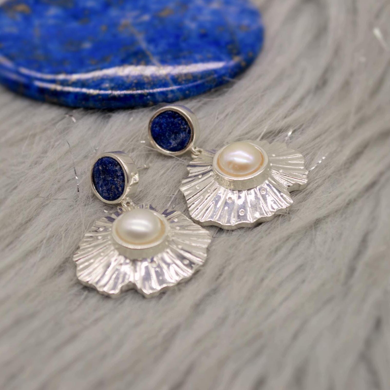 Raw Lapis Lazuli Sterling Silver Earrings, Pearl Earrings, December and June Birthstone, Dainty Handmade Unique Gemstone Drop Earrings