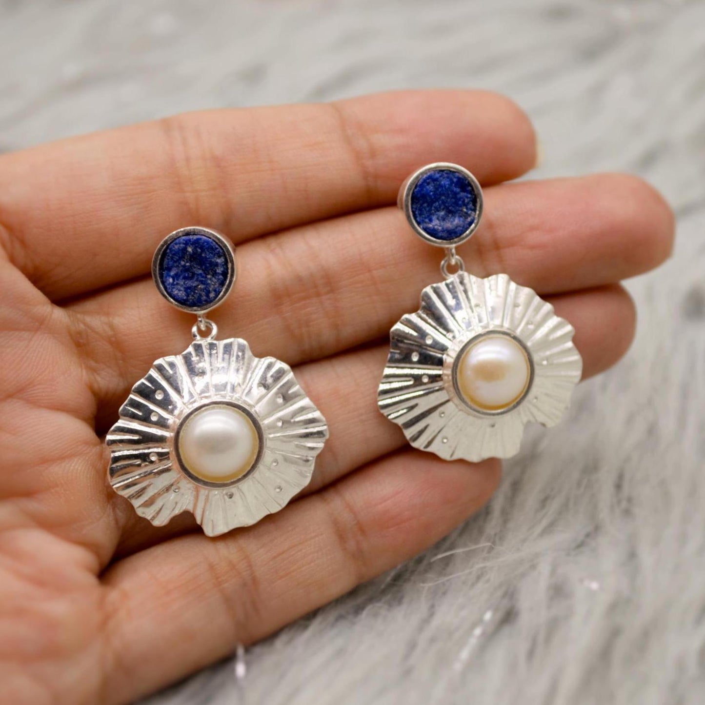 Raw Lapis Lazuli Sterling Silver Earrings, Pearl Earrings, December and June Birthstone, Dainty Handmade Unique Gemstone Drop Earrings