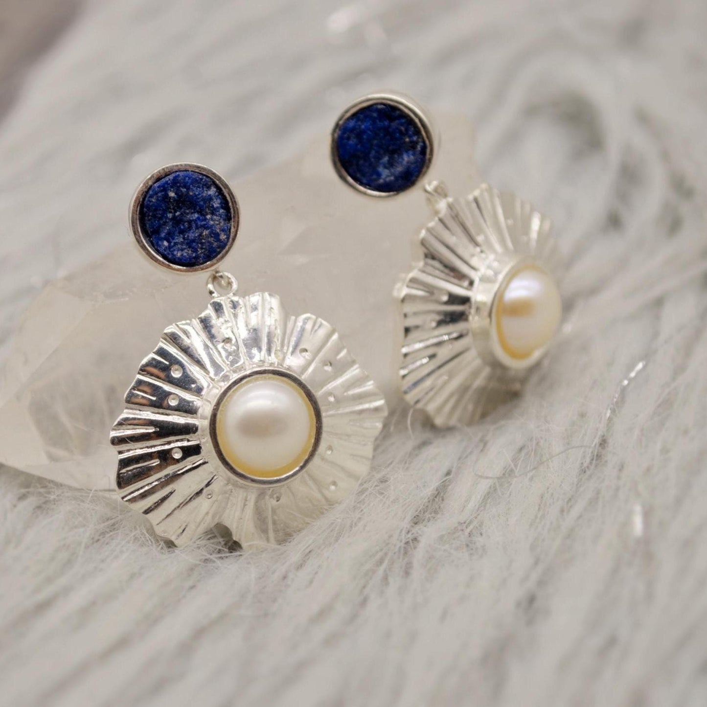 Raw Lapis Lazuli Sterling Silver Earrings, Pearl Earrings, December and June Birthstone, Dainty Handmade Unique Gemstone Drop Earrings