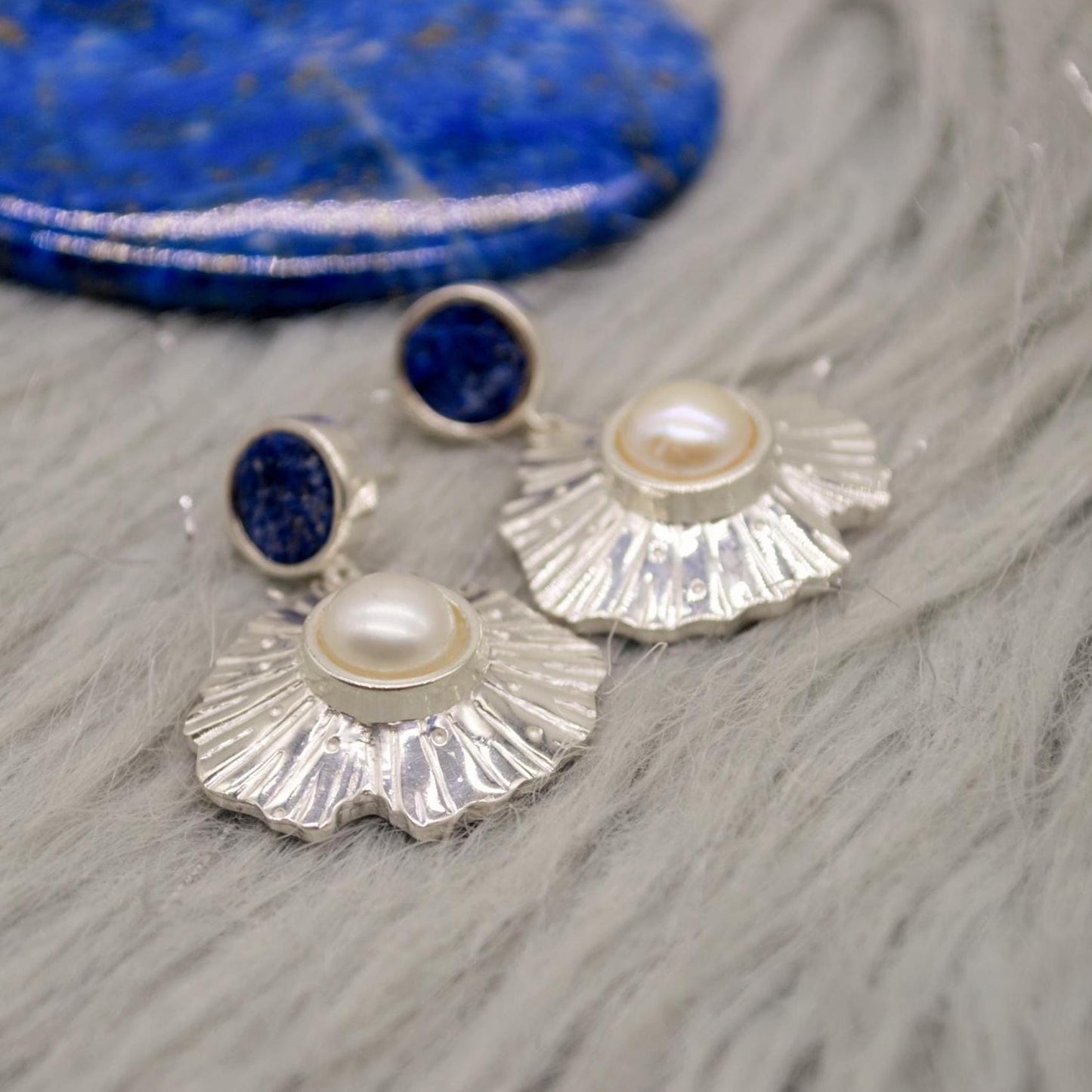 Raw Lapis Lazuli Sterling Silver Earrings, Pearl Earrings, December and June Birthstone, Dainty Handmade Unique Gemstone Drop Earrings