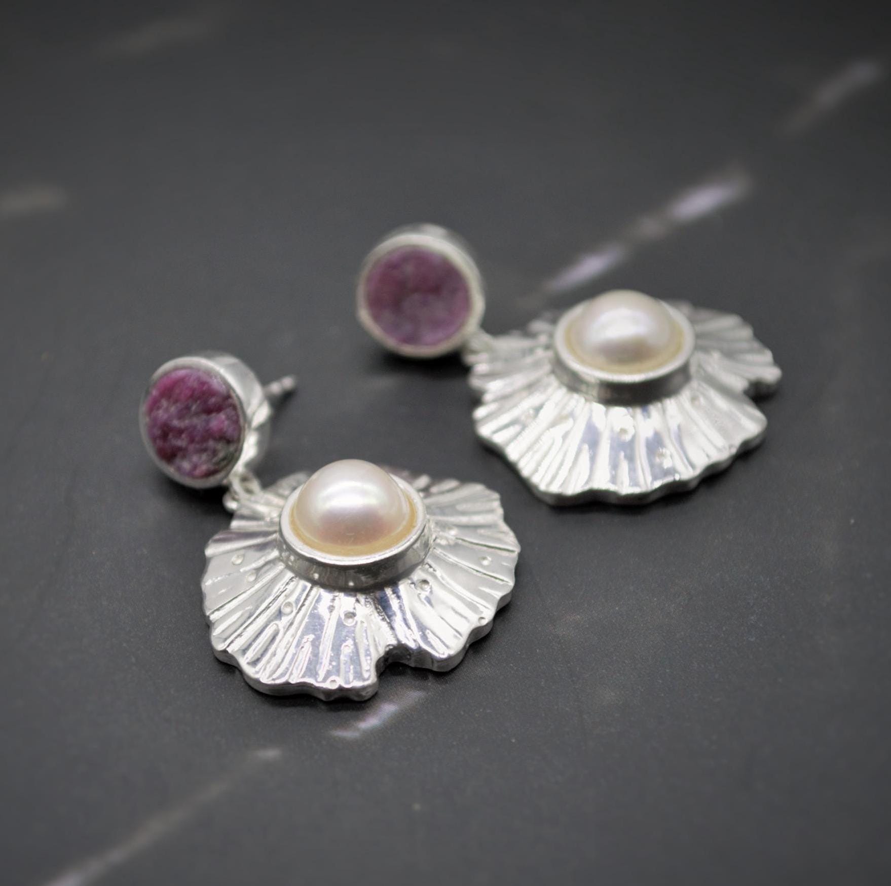 Red Ruby, Pearl Sterling Silver Earrings, June, July Birthstone, Dainty Statement Unique Gemstone Dangle Drop Earrings, Gifts For Her