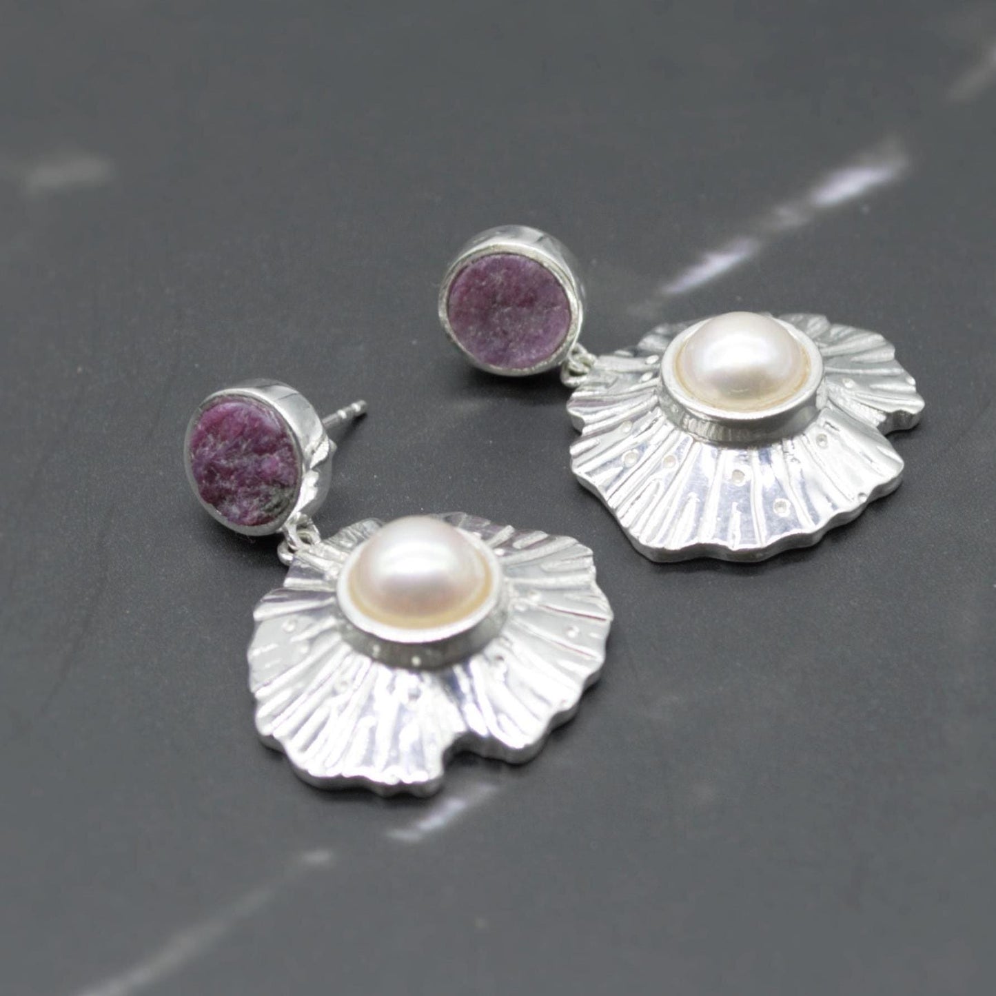 Red Ruby, Pearl Sterling Silver Earrings, June, July Birthstone, Dainty Statement Unique Gemstone Dangle Drop Earrings, Gifts For Her