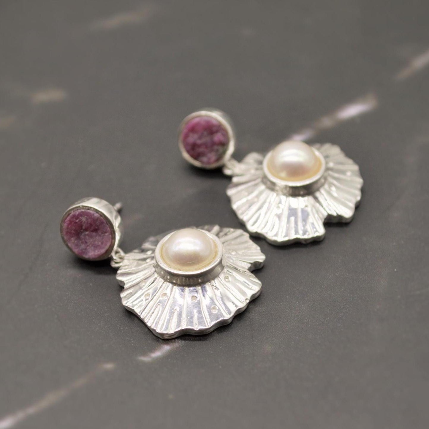 Red Ruby, Pearl Sterling Silver Earrings, June, July Birthstone, Dainty Statement Unique Gemstone Dangle Drop Earrings, Gifts For Her
