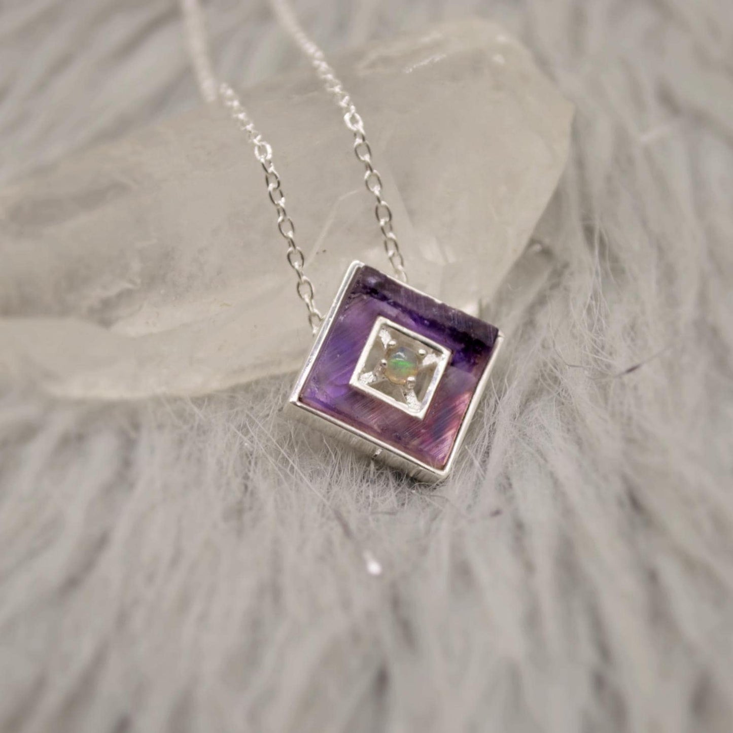 Opal Pendant Necklace With Amethyst Or Rose Quartz, Sterling Silver Chain Necklace, January, February Birthstone, Gemstone Necklace Gift