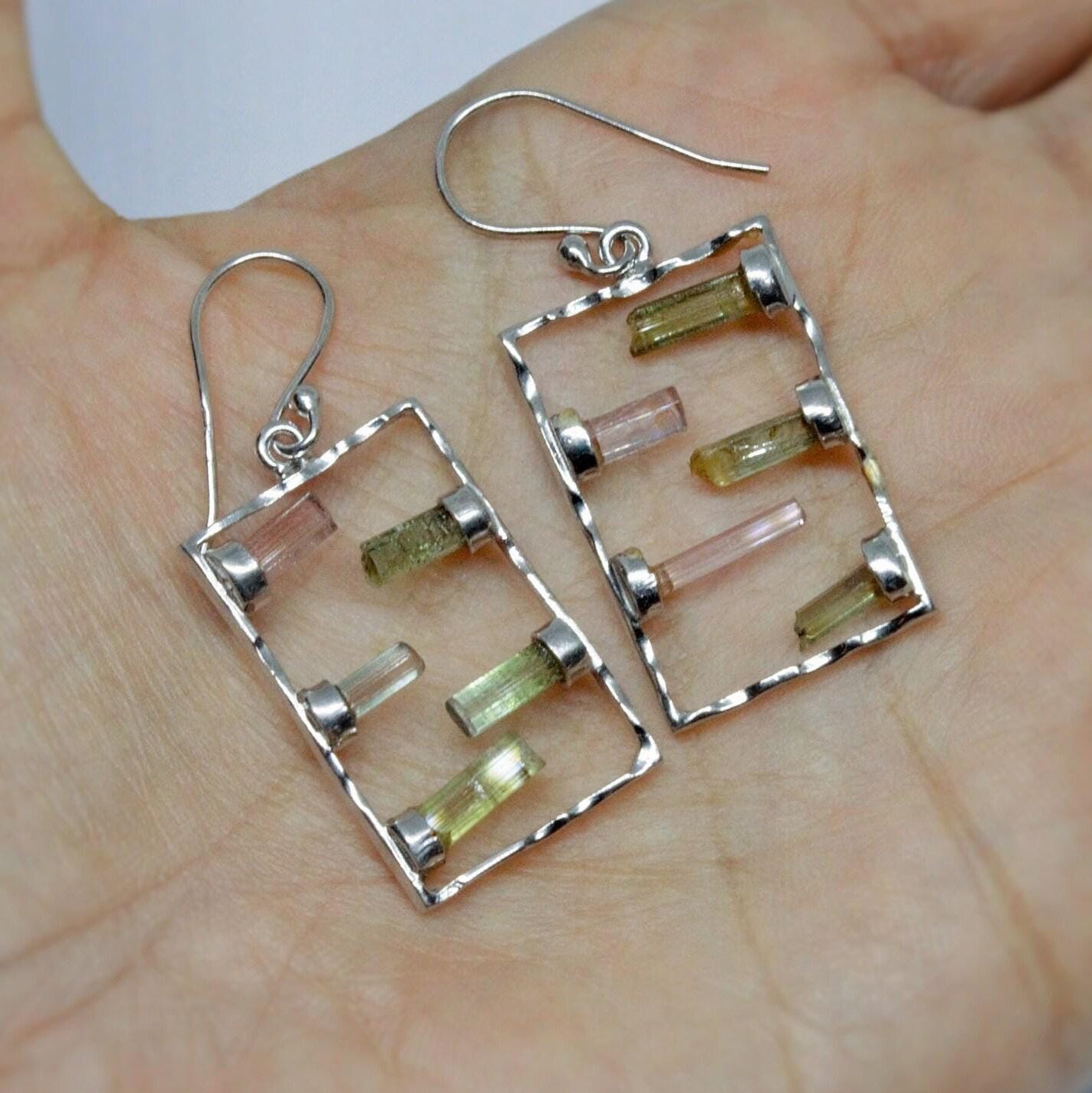 Mixed Green Tourmaline earrings, Sterling Silver Earrings, Tourmaline Jewelry, October Birthstone, Raw Gemstone Earrings, Gifts For Her