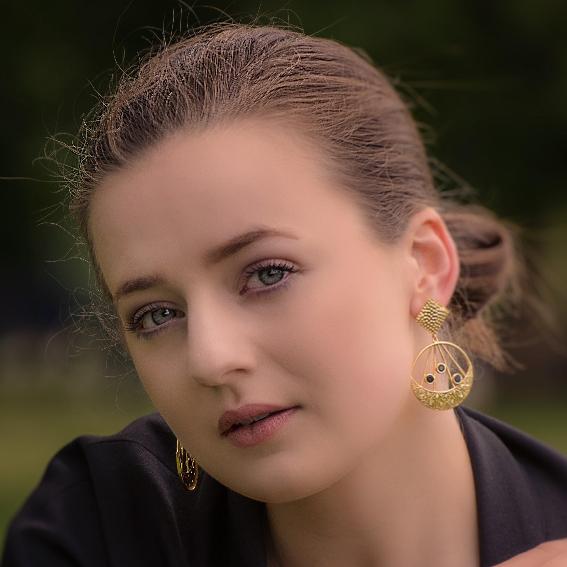 Black Onyx Gold Earrings, Handmade Unique Statement Jhumka Earrings, Gemstone Dangle Circle Earrings, Birthday Gift For Her
