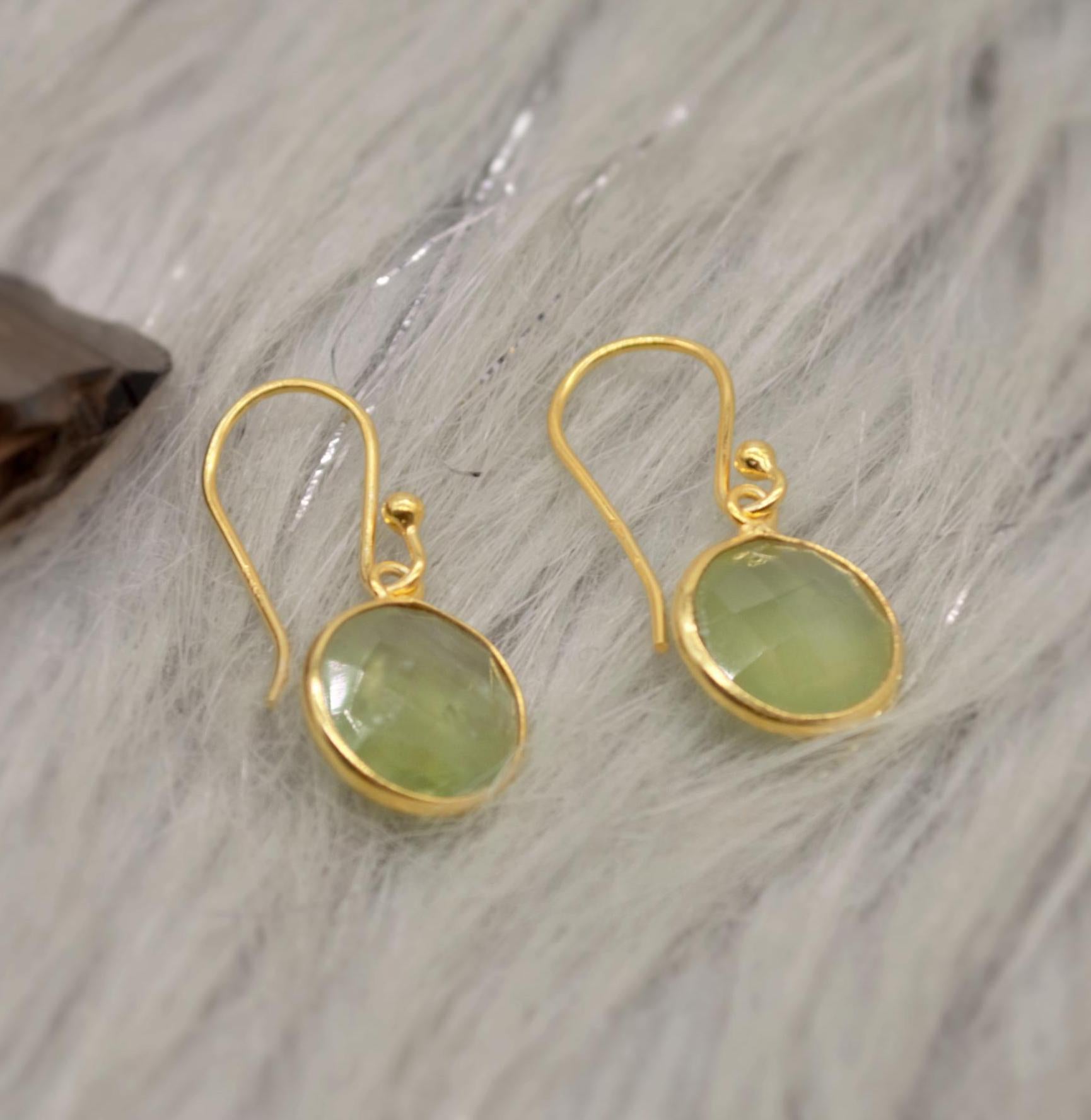 Prehnite Gold Earrings, Gold Plated Sterling Silver Gemstone Earrings, Unique Dangle Drop Earrings, Birthday Gifts For Her, Christmas Gifts