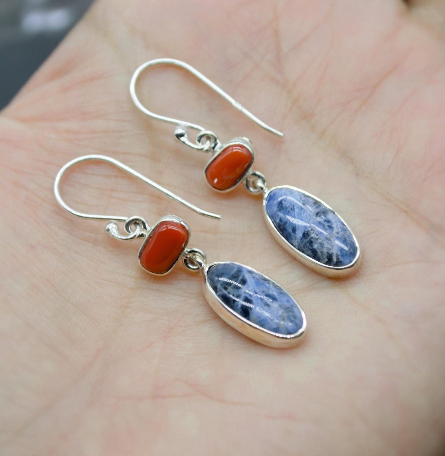 Red Coral, Blue Sapphire Silver Dangle Earrings - Handmade Gift for Her, September Birthstone Earrings