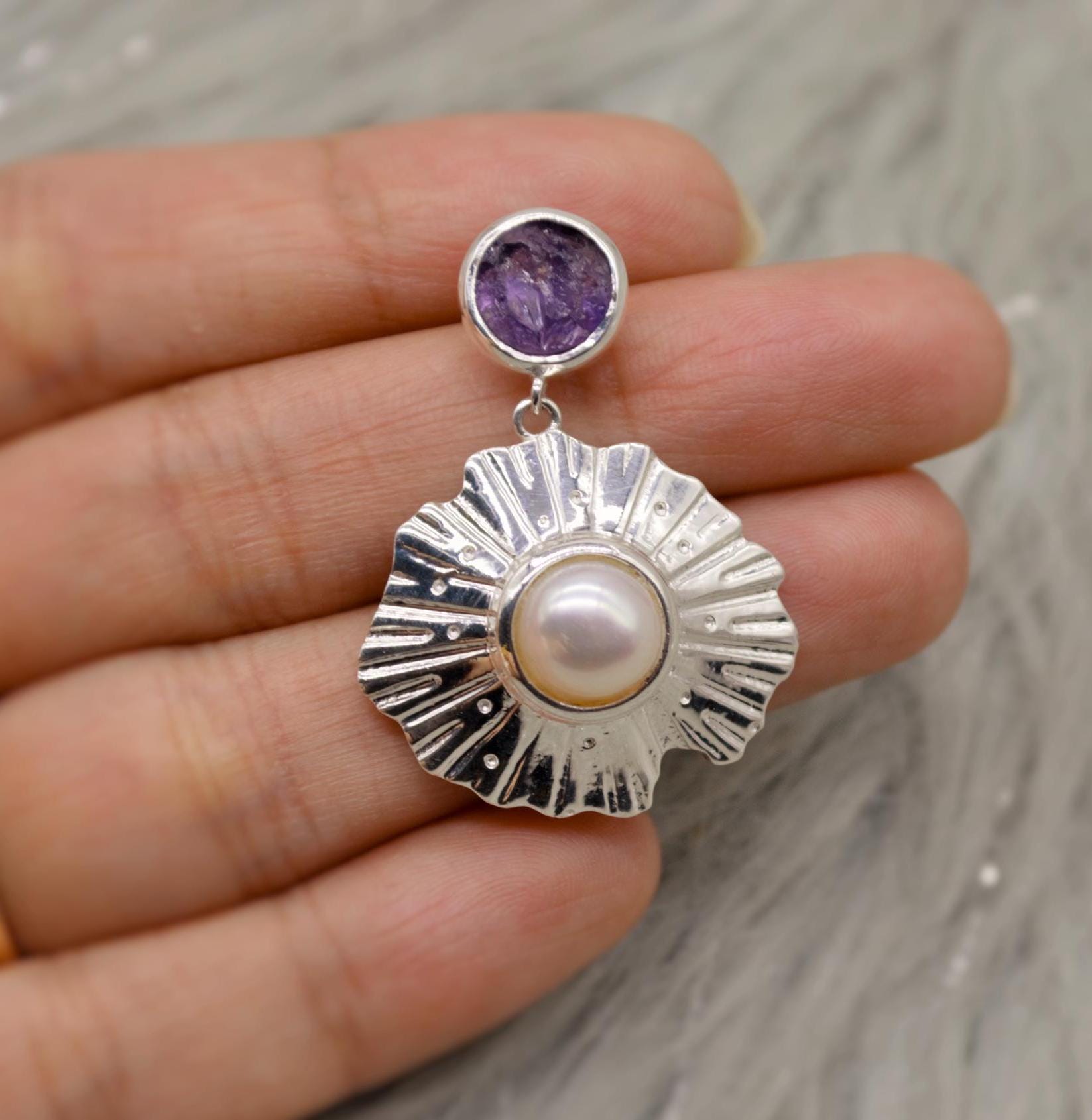 Purple Amethyst Sterling Silver Earrings, February Birthstone, Dainty Statement Unique Gemstone Dangle Drop Earrings, Gifts For Her