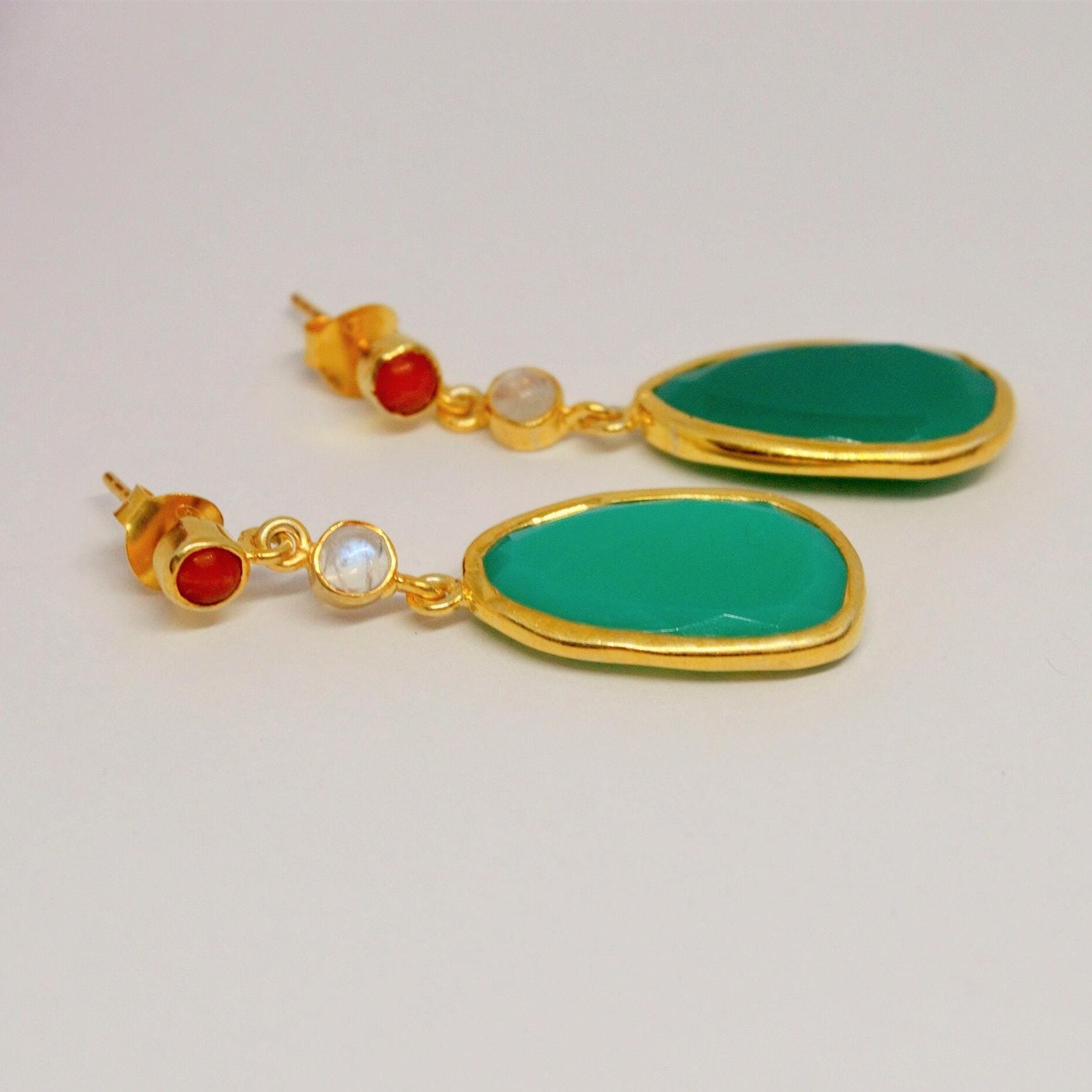 Chalcedony, Moonstone, Coral Earrings, Chalcedony Jewelry, Gold Plated 925 Sterling Silver Earrings, Green Earrings, Mothers Day Gift
