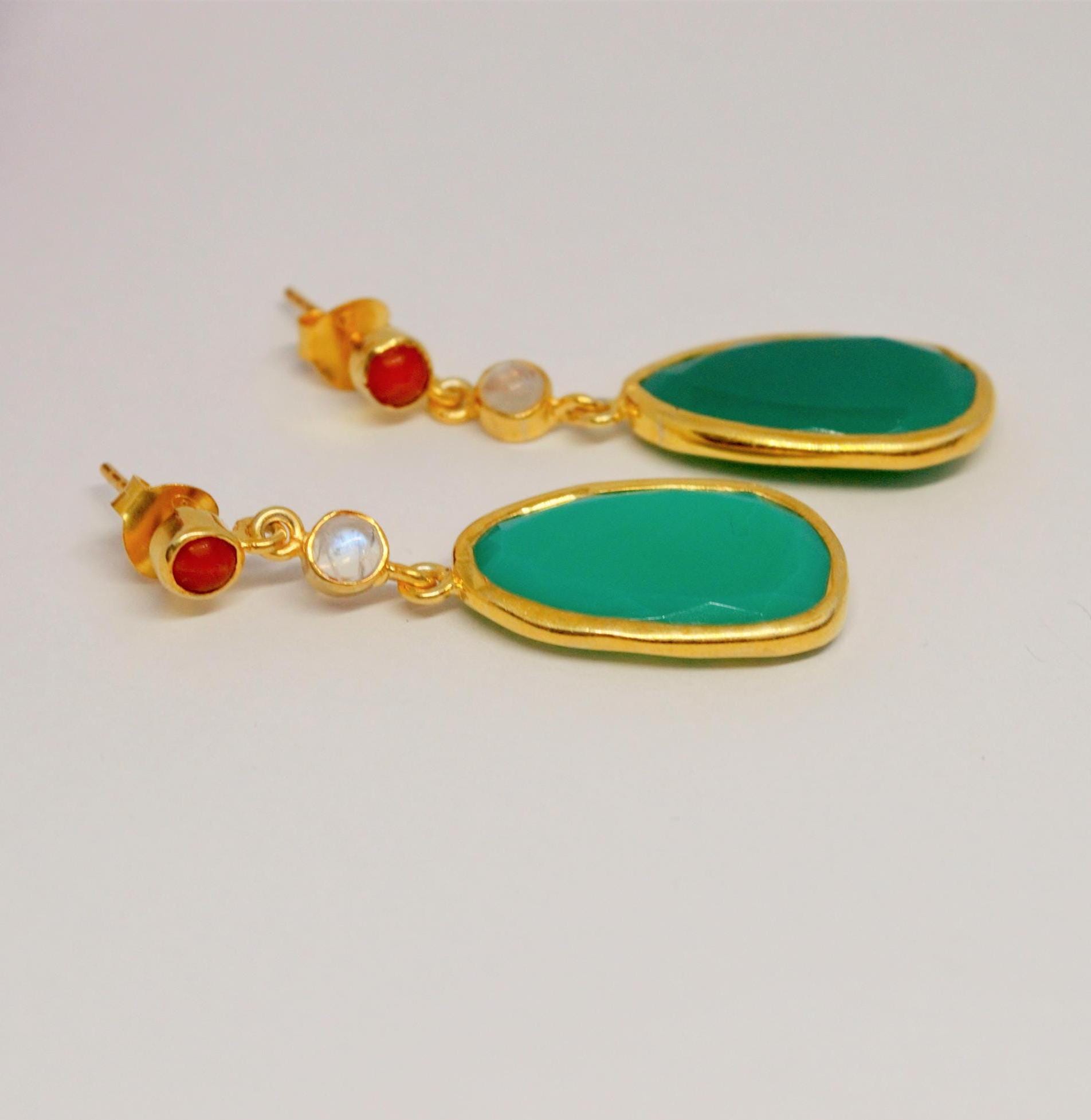 Chalcedony, Moonstone, Coral Earrings, Chalcedony Jewelry, Gold Plated 925 Sterling Silver Earrings, Green Earrings, Mothers Day Gift