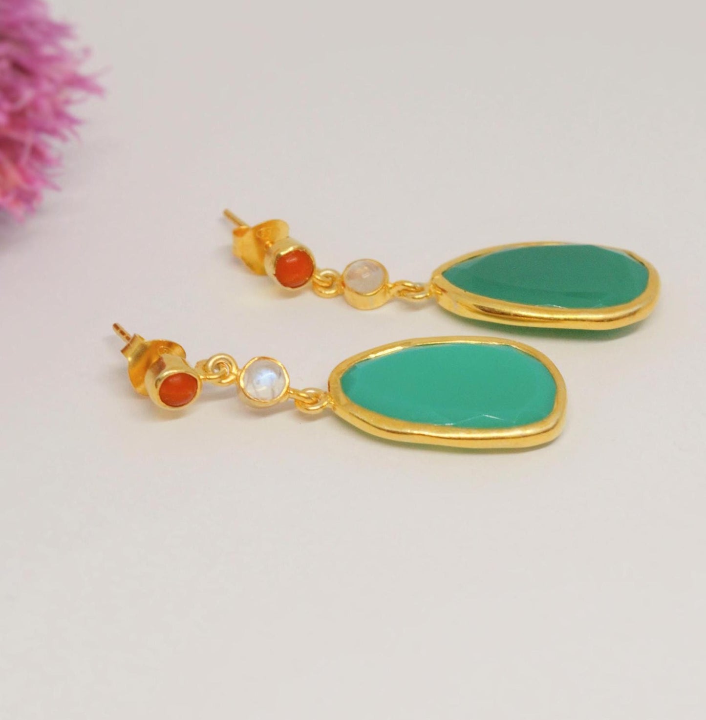 Chalcedony, Moonstone, Coral Earrings, Chalcedony Jewelry, Gold Plated 925 Sterling Silver Earrings, Green Earrings, Mothers Day Gift