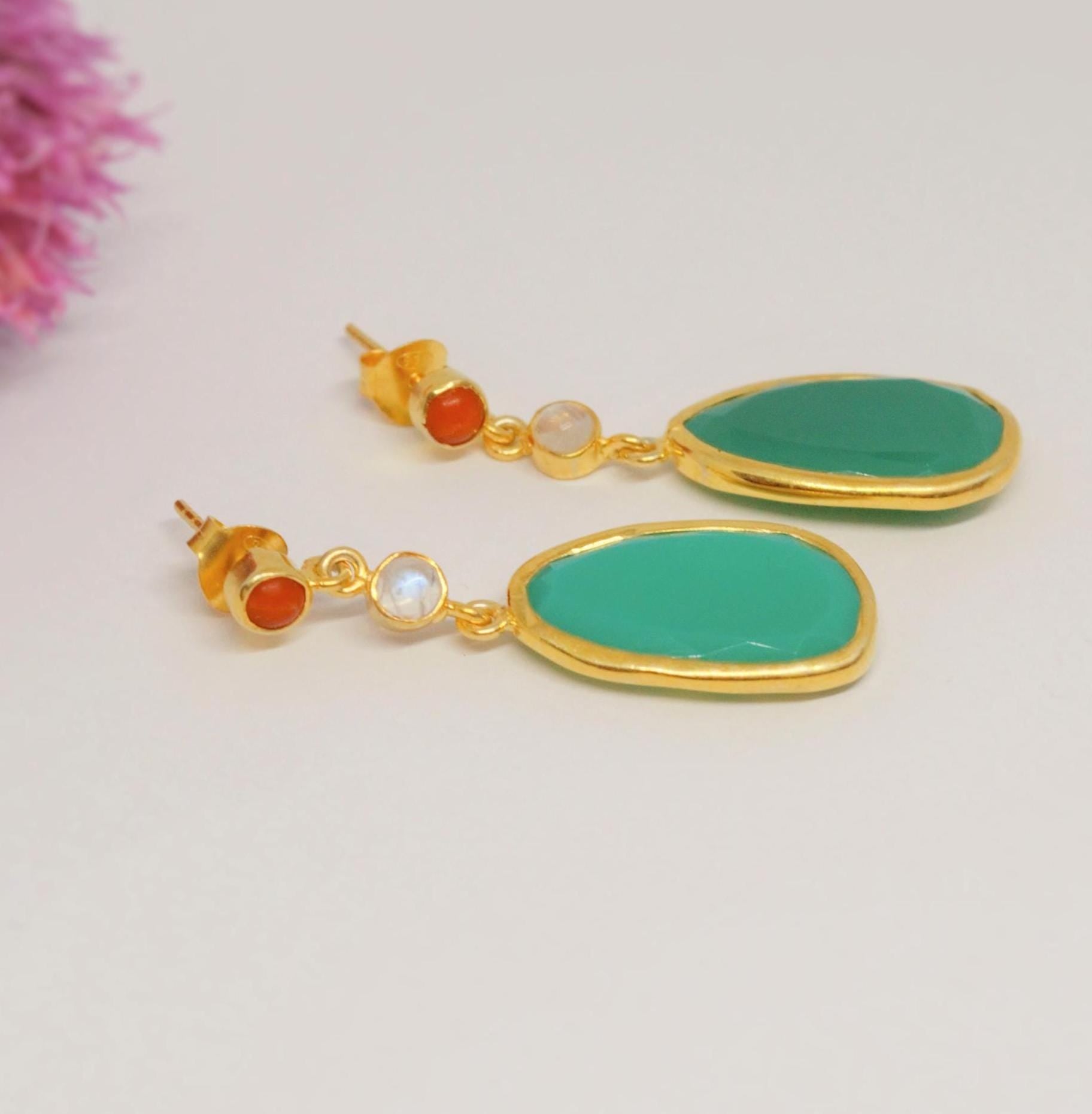 Chalcedony, Moonstone, Coral Earrings, Chalcedony Jewelry, Gold Plated 925 Sterling Silver Earrings, Green Earrings, Mothers Day Gift