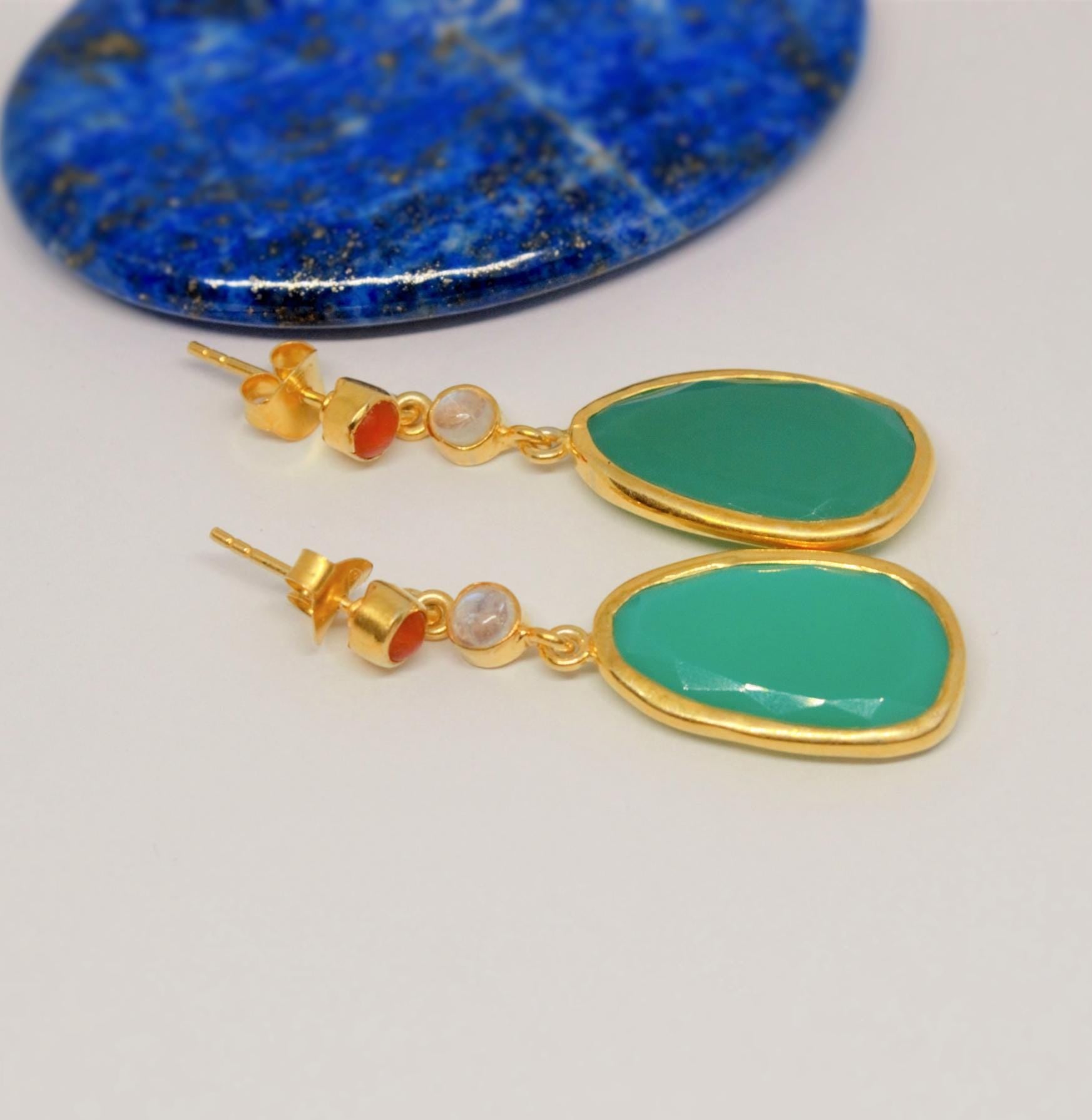 Chalcedony, Moonstone, Coral Earrings, Chalcedony Jewelry, Gold Plated 925 Sterling Silver Earrings, Green Earrings, Mothers Day Gift