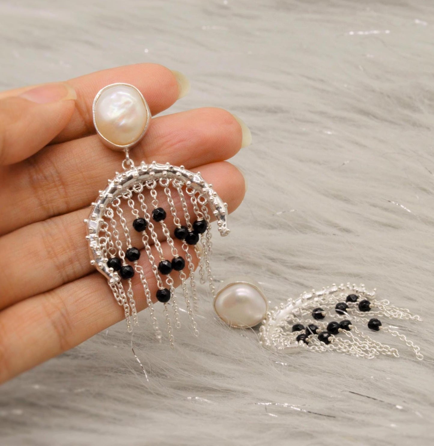 Black Onyx and Pearl Silver Earrings, June Birthstone, Unique Handmade Gemstone Dangle Beaded Earrings, Chandelier Jhumka Earrings