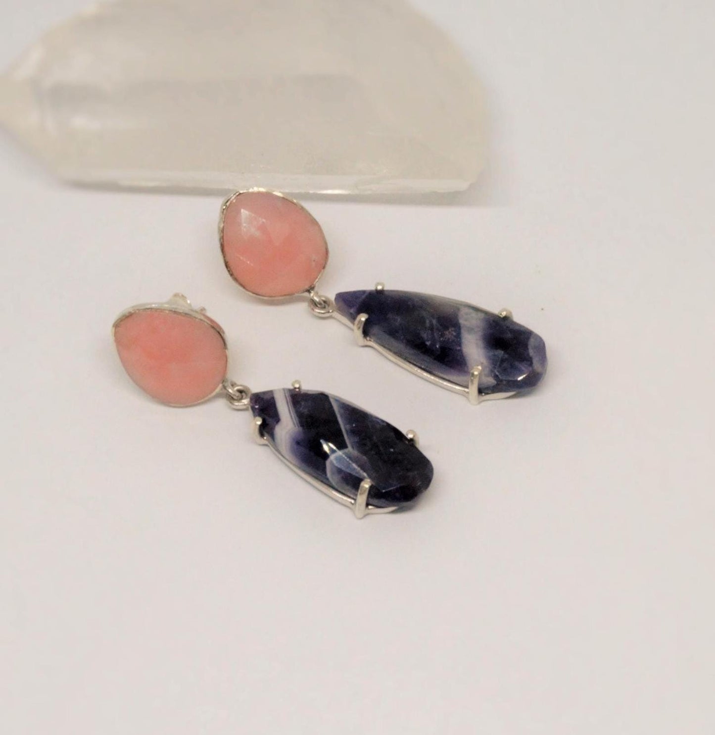 Pink Opal, Amethyst Silver Earrings, February Birthstone Amethyst Jewelry, Opal Dangle Earrings, Gifts For Her, Blue Peacock Earrings