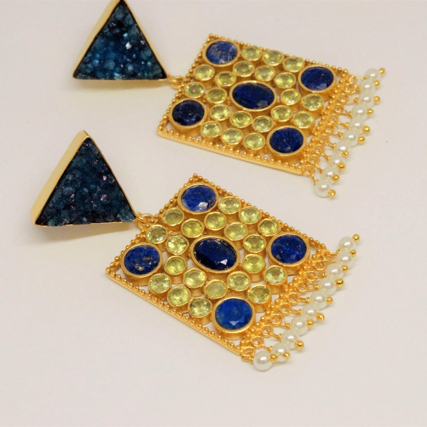 Blue Agate, Lapis, Peridot Gold Earrings, Lapis Lazuli Earrings, August, December Birthstone, Unique Statement Earrings, Gift for Her