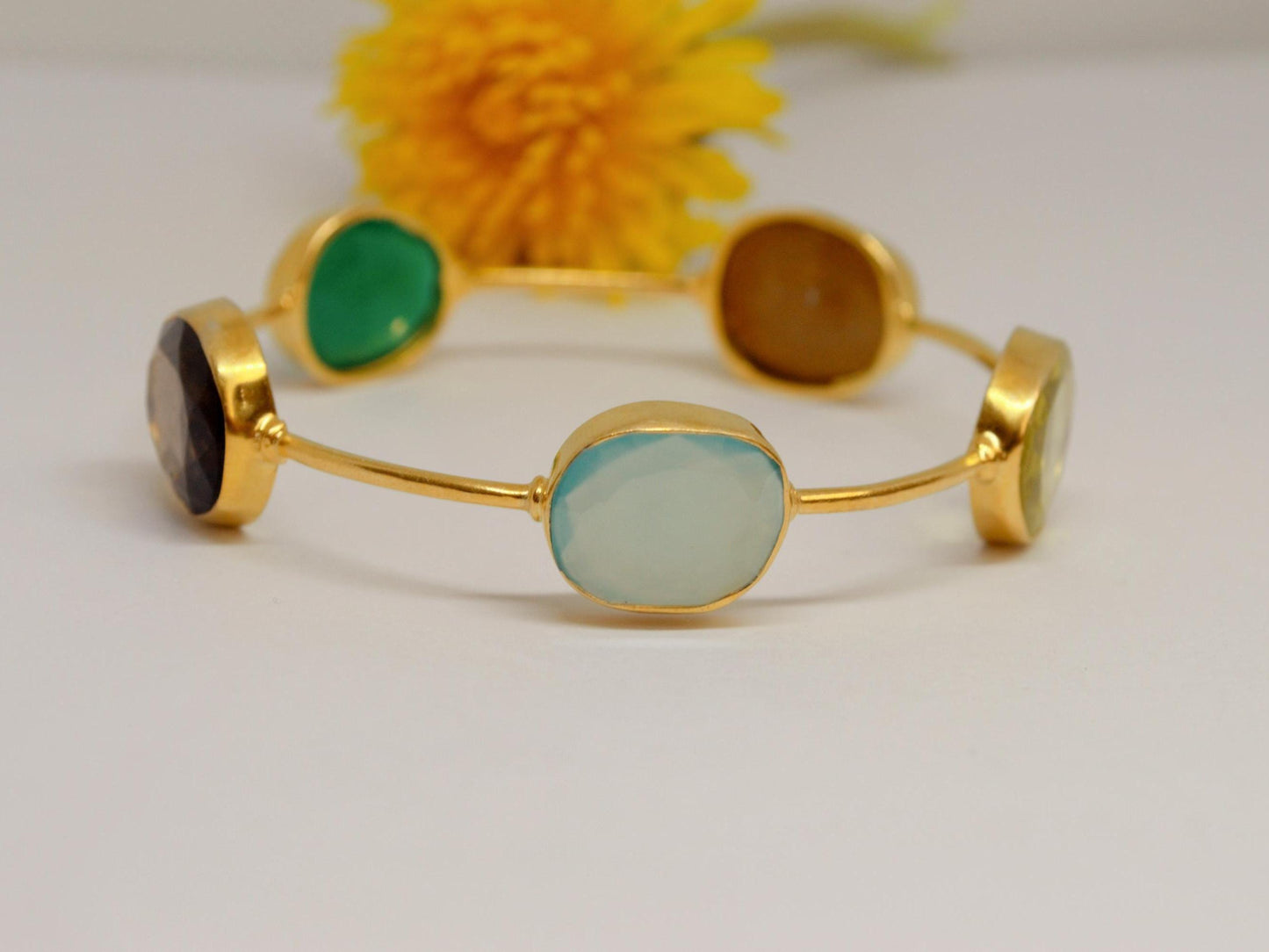 Green Onyx Smoky Quartz Bangle Bracelet, Chalcedony Bracelet, Gold Plated 925 Silver Bangle, Birthday Gift For Her, Dainty Bracelet 6 cm