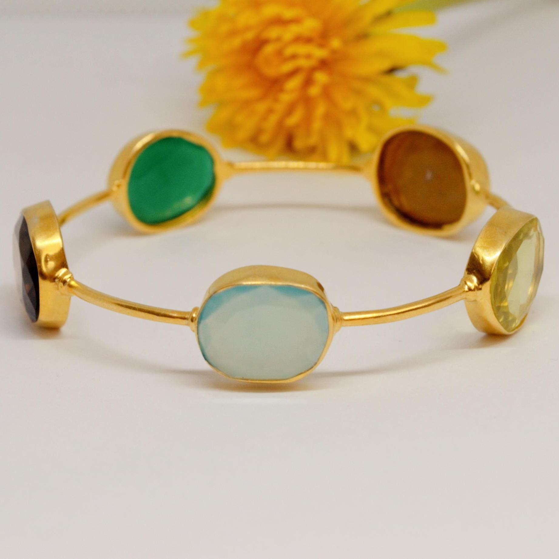Green Onyx Smoky Quartz Bangle Bracelet, Chalcedony Bracelet, Gold Plated 925 Silver Bangle, Birthday Gift For Her, Dainty Bracelet 6 cm