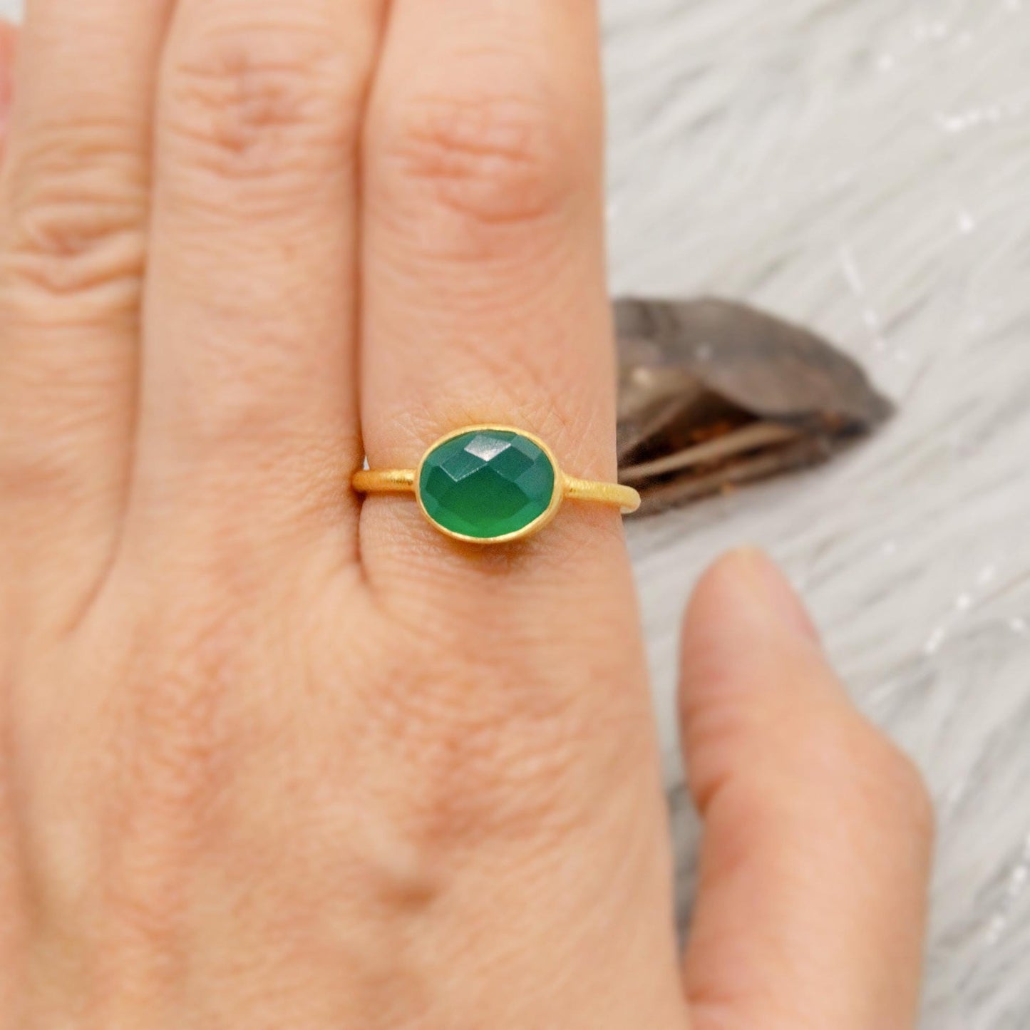 Green Onyx Gold Ring, Dainty Raw Gem Ring, Gold Plated Sterling Silver, Statement Gemstone, Stacking Rings For Women, Green Stone Ring
