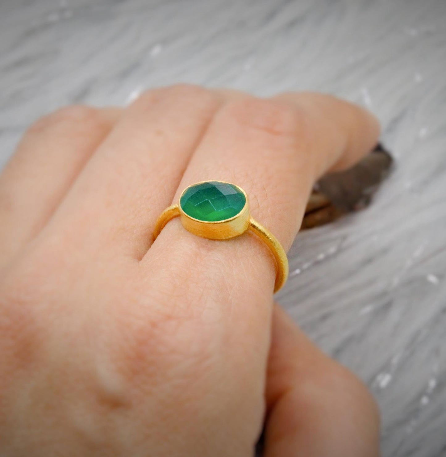 Green Onyx Gold Ring, Dainty Raw Gem Ring, Gold Plated Sterling Silver, Statement Gemstone, Stacking Rings For Women, Green Stone Ring
