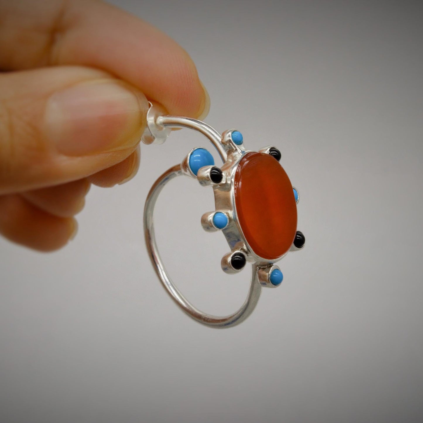 Black Onyx, Turquoise, Carnelian Earrings, Sterling Silver, Turquoise Birthstone Jewelry, Unique Gemstone Earrings, Gift for her