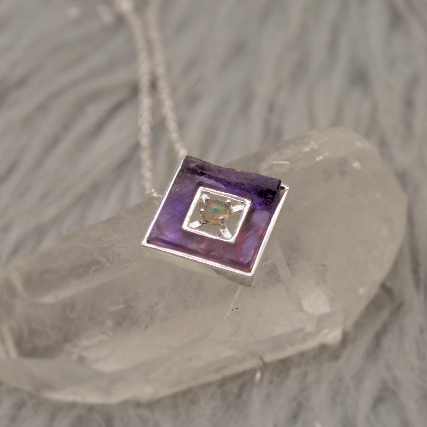 Opal Pendant Necklace With Amethyst Or Rose Quartz, Sterling Silver Chain Necklace, January, February Birthstone, Gemstone Necklace Gift