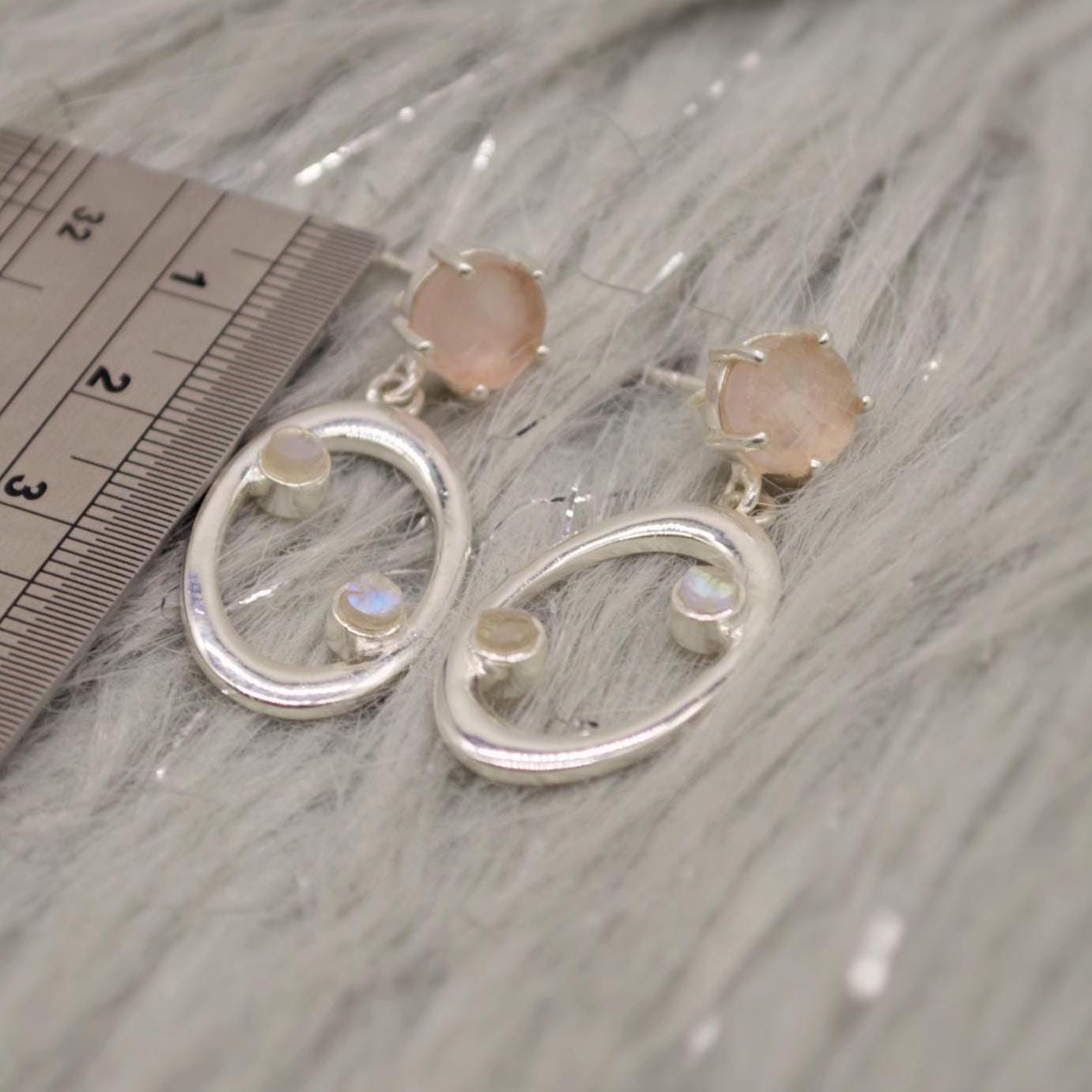 Rose Quartz, Moonstone Silver Earrings, January Birthstone, June Birthstone, Minimalist Pink Earrings, Sterling Silver Drop Earrings