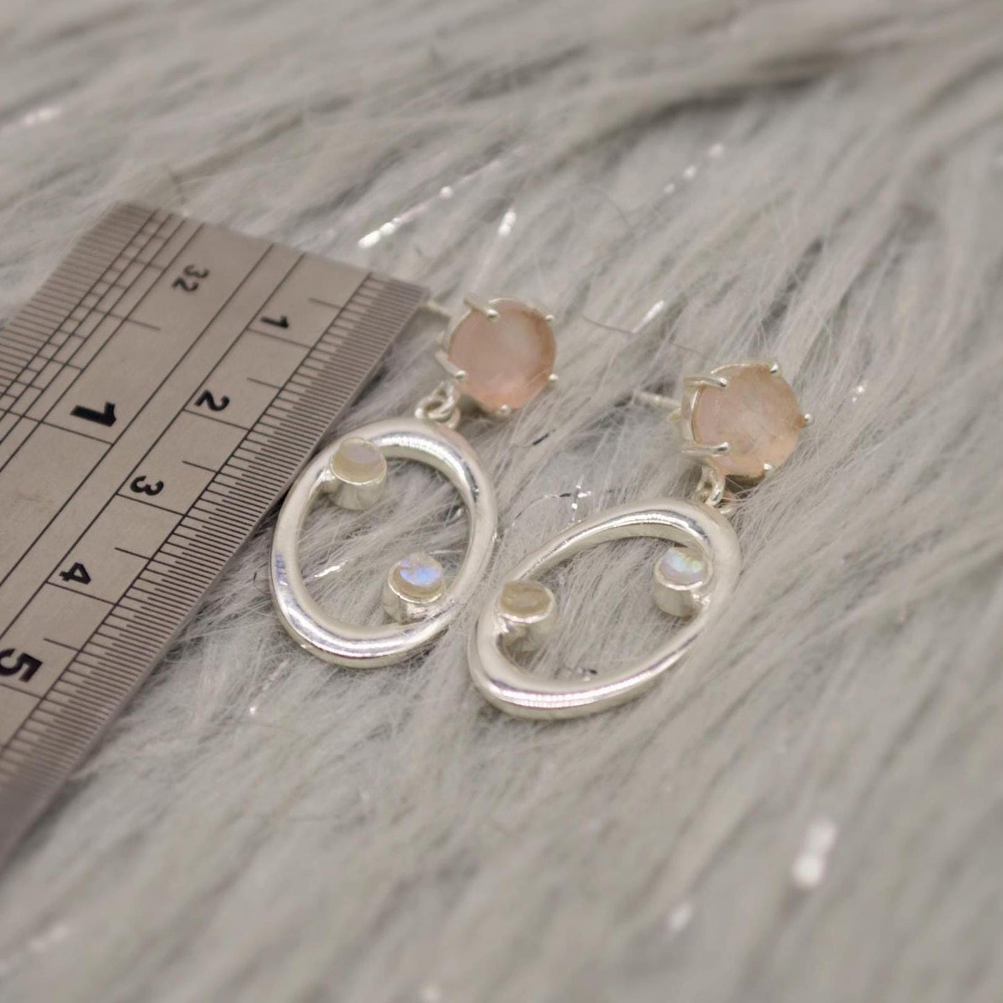 Rose Quartz, Moonstone Silver Earrings, January Birthstone, June Birthstone, Minimalist Pink Earrings, Sterling Silver Drop Earrings